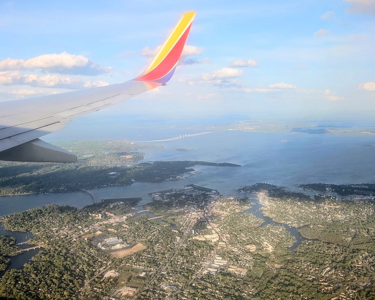Annapolis appears on April 19, 2026 from the window of a Southwest Airlines flight into BWI Thurgood Marshall Airport.