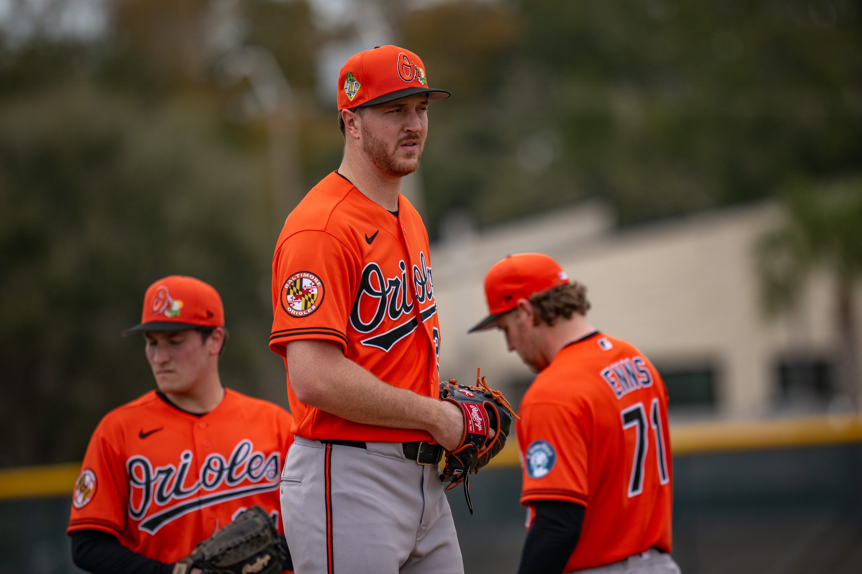 Orioles pitcher Trevor Rogers practices pick-off attempts on the first day of spring training at Ed Smith Stadium in Sarasota, Florida.