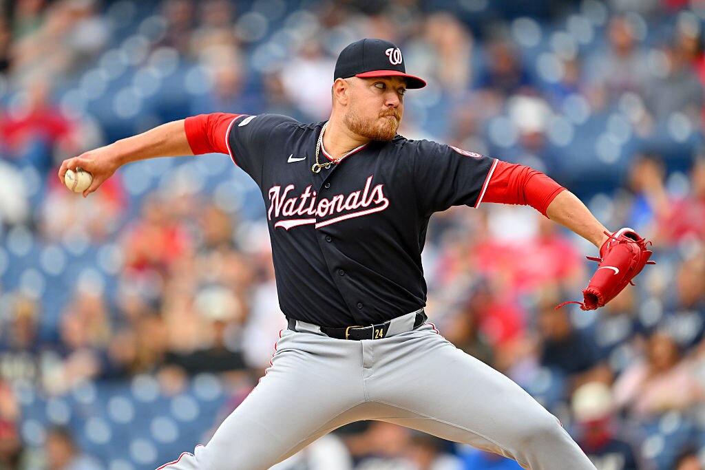 Washington Nationals starter Cade Cavalli pitches during the first inning against the Cleveland Guardians.