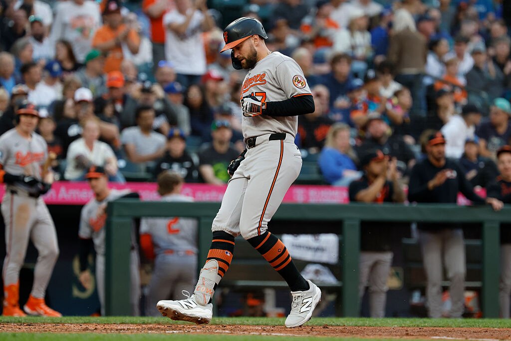 Colton Cowser touches home plate after hitting a solo home run in the sixth inning against the Seattle Mariners.