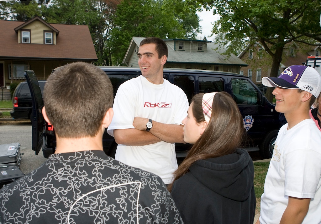 AUDUBON, NJ - APRIL 26: Former Audubon High School star quarterback Joe Flacco greets neighbors after learning he was selected in the first round of the NFL Draft by the Baltimore Ravens as the 18th pick overall April 26, 2008 in Audubon, New Jersey.