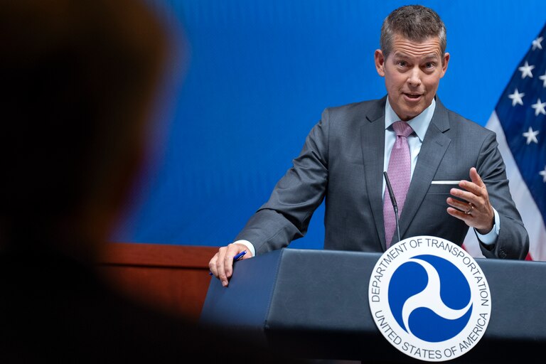 FILE - Transportation Secretary Sean Duffy speaks during a news conference, March 11, 2025, at the Department of Transportation in Washington.