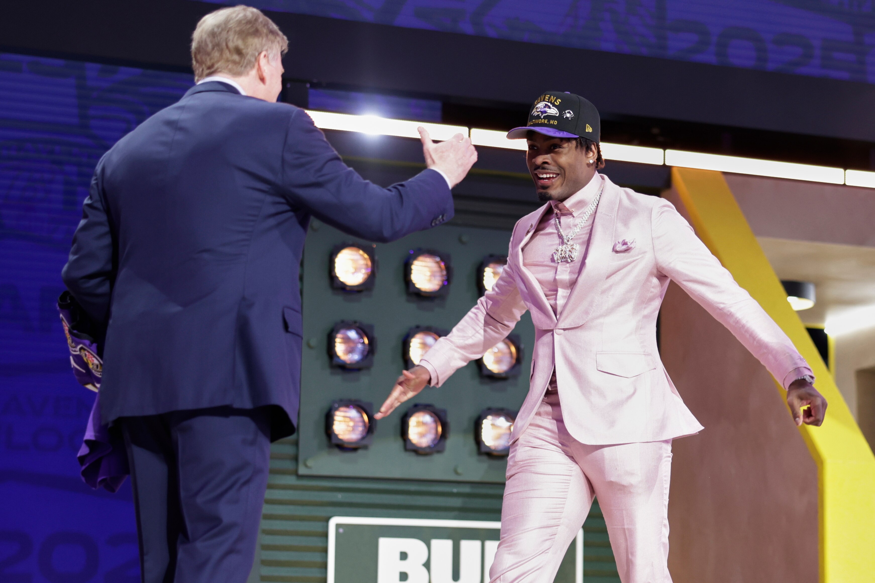 Georgia defensive back Malaki Starks celebrates after being chosen by the Baltimore Ravens with the 27th overall pick during the first round of the NFL football draft, Thursday, April 24, 2025, in Green Bay, Wis.