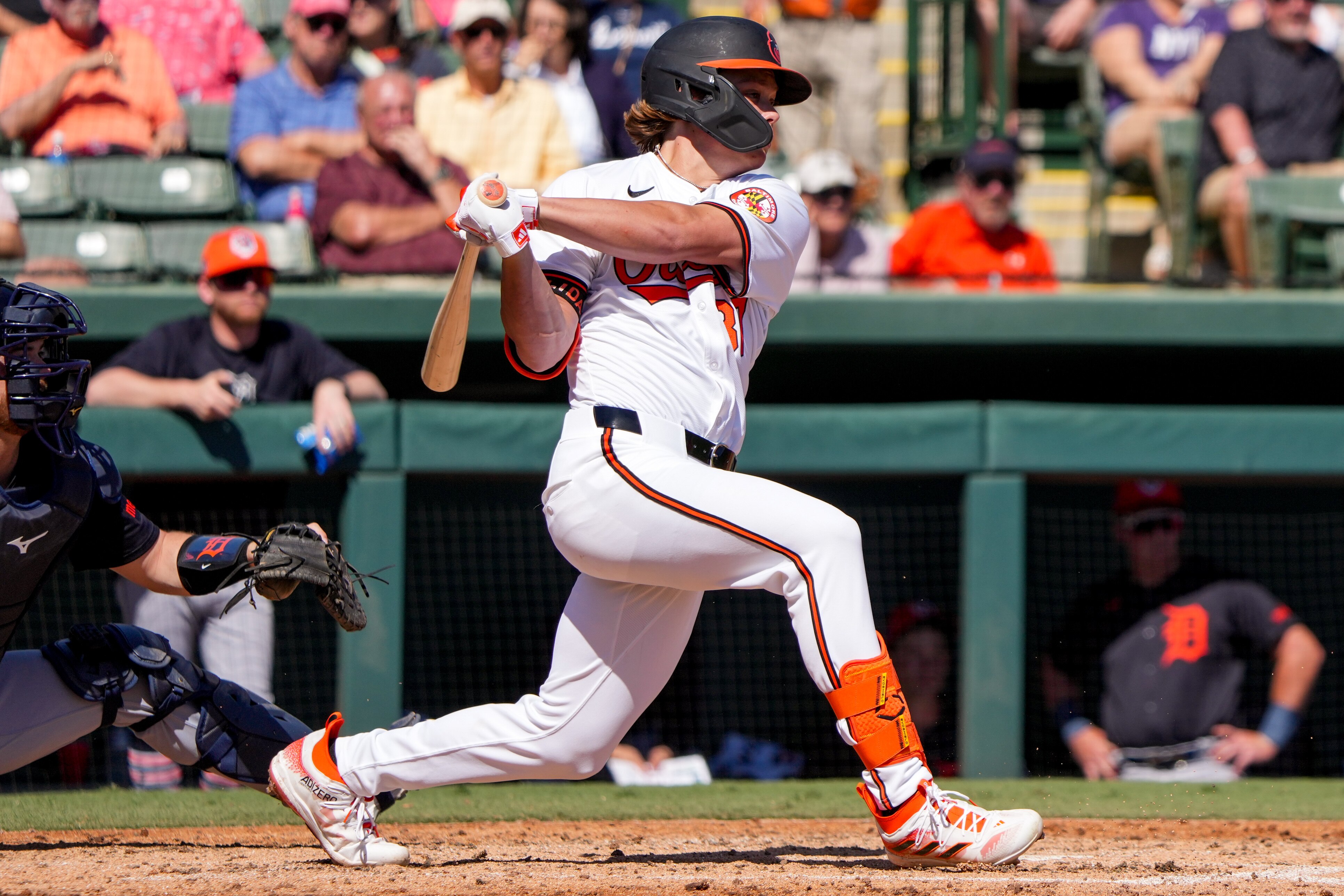 Orioles second baseman Jackson Holliday connects with a pitch during a Grapefruit League game against the Detroit Tigers at Ed Smith Stadium on Tuesday.