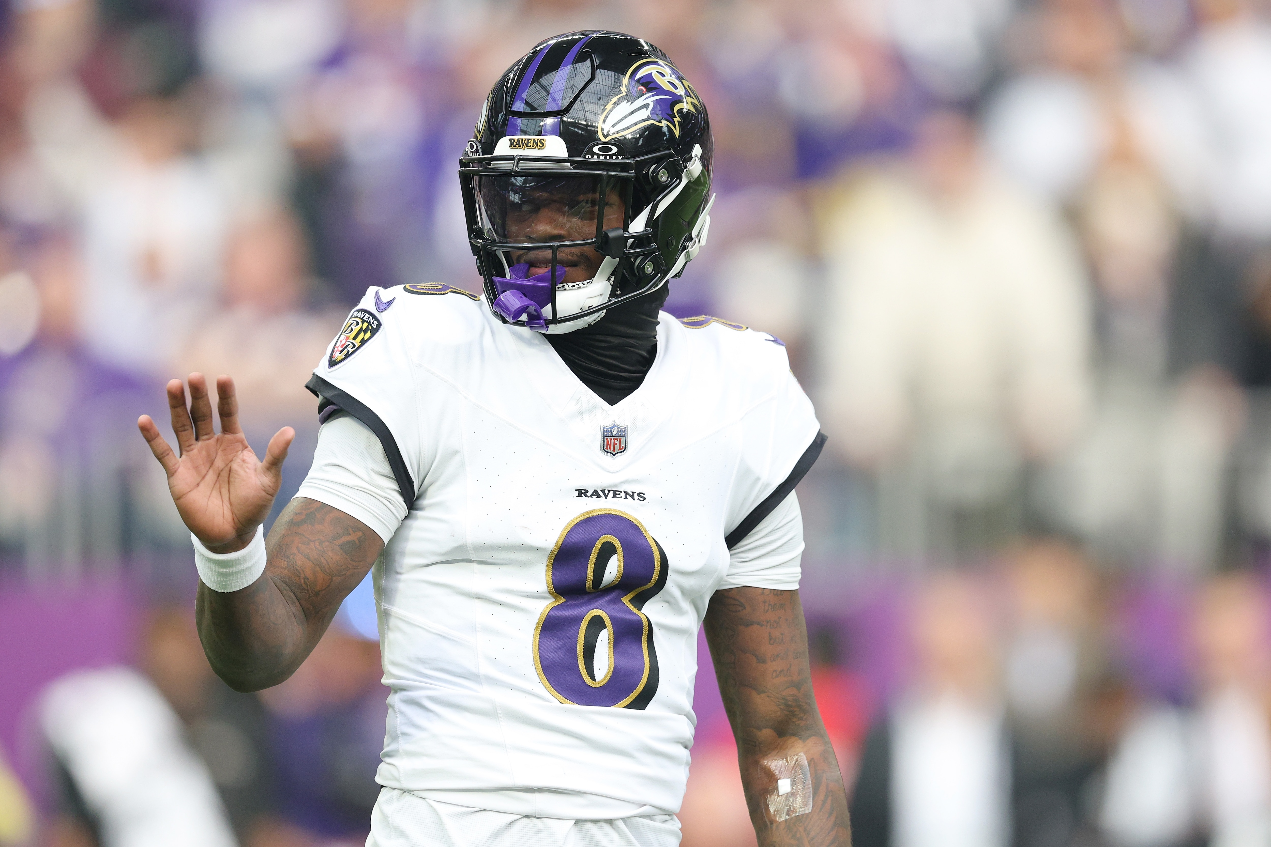 Lamar Jackson #8 of the Baltimore Ravens reacts during the first quarter in the game against the Minnesota Vikings at U.S. Bank Stadium on November 09, 2025 in Minneapolis, Minnesota.