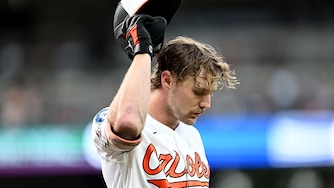 Orioles shortstop Gunnar Henderson reacts after striking out in the second inning against the Seattle Mariners.