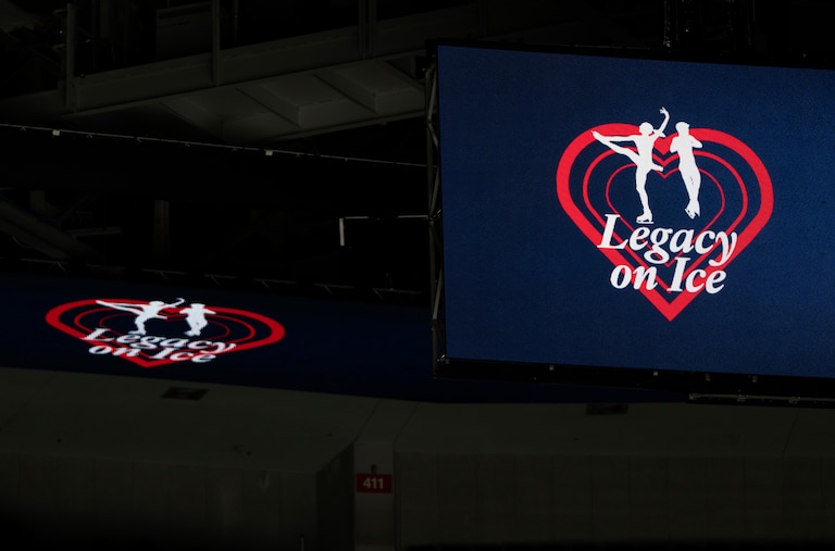 The logo for the Legacy on Ice skating event, organized to honor figure skaters and coaches who died in the recent plane crash at Reagan National Airport, is displayed at Capital One Arena on Monday, Feb. 17, 2025, in Washington. (AP Photo/Mark Schiefelbein)
