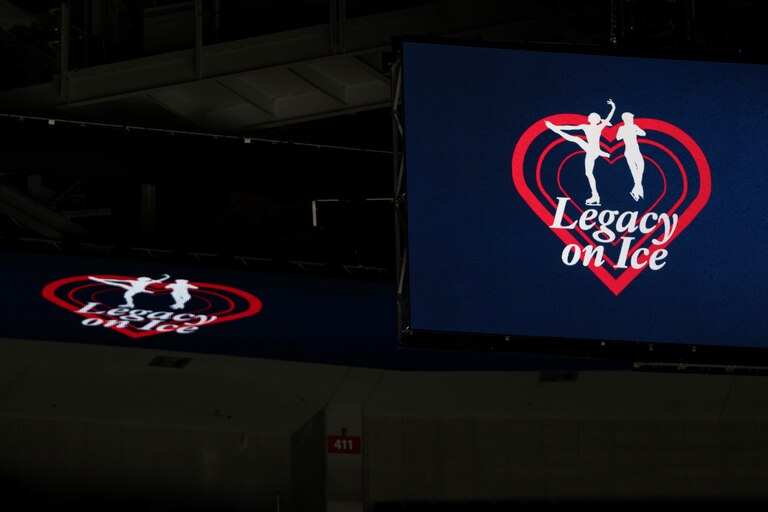 The logo for the Legacy on Ice skating event, organized to honor figure skaters and coaches who died in the recent plane crash at Reagan National Airport, is displayed at Capital One Arena on Monday, Feb. 17, 2025, in Washington. (AP Photo/Mark Schiefelbein)