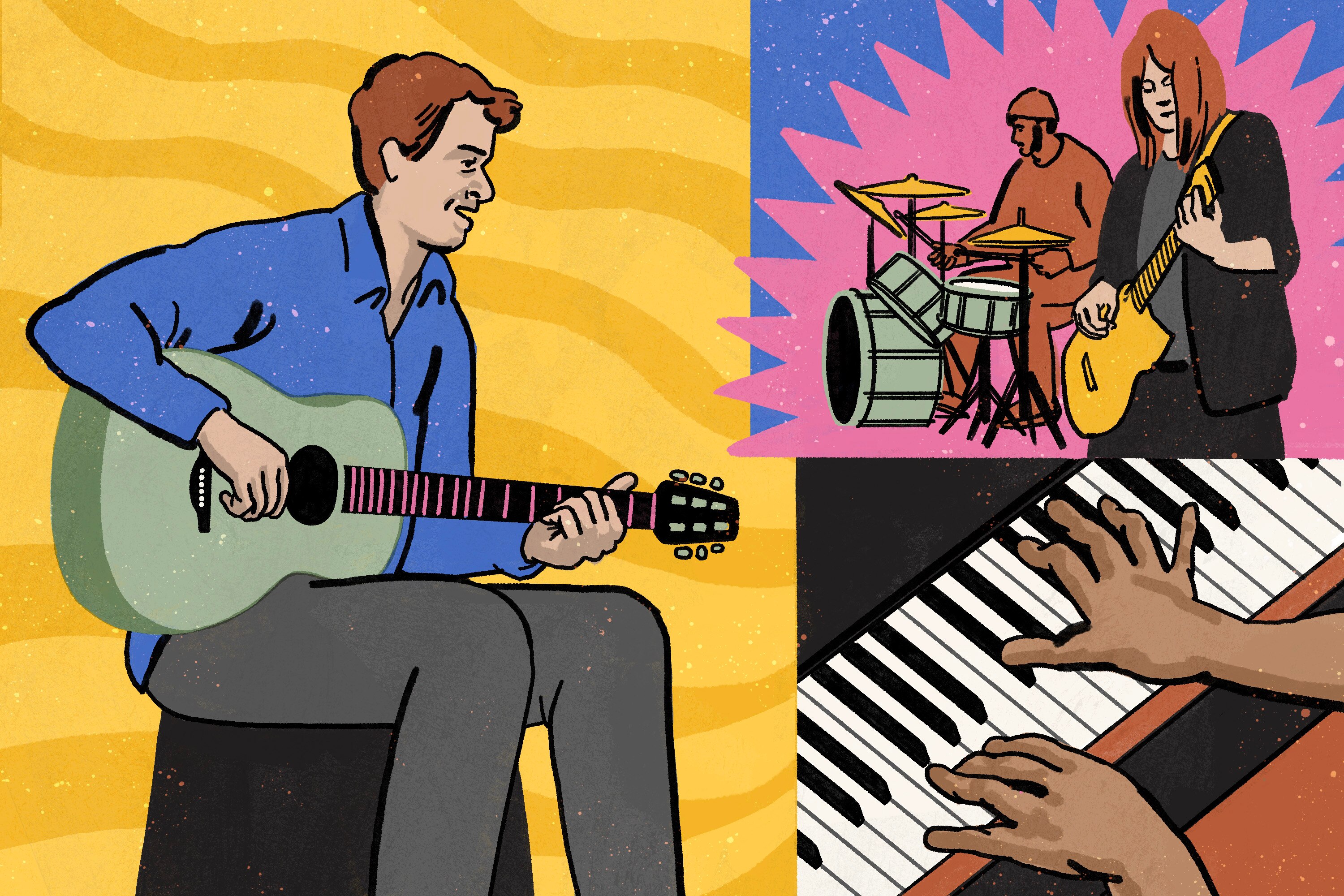 Man plays acoustic guitar, hands play piano, drummer and guitarist