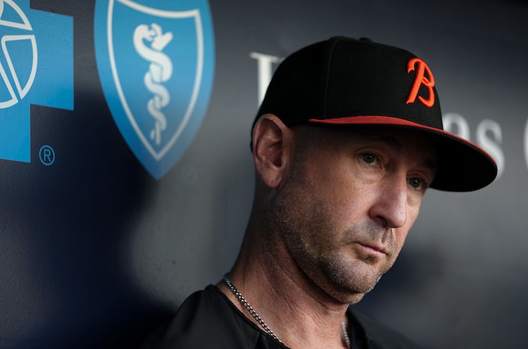 Orioles manager Craig Albernaz talks to the media during a pre-game interview prior to a game against the Kansas City Royals.