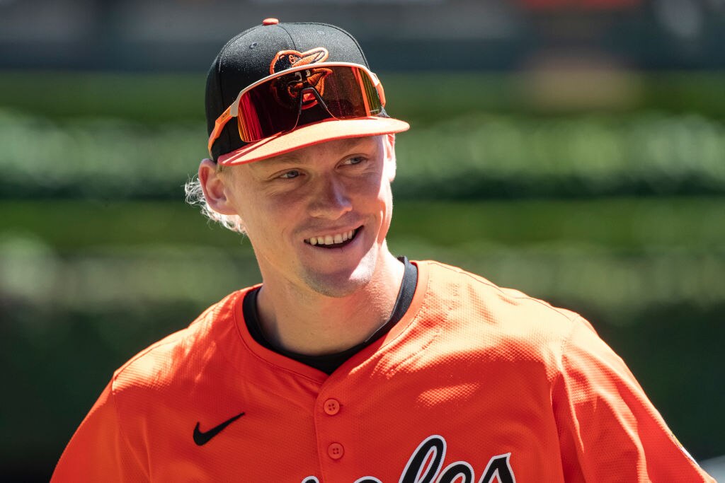 Kyle Stowers, #28 of the Baltimore Orioles, jogs toward the dugout prior to a game against the Chicago White Sox. (Photo by Griffin Quinn/Getty Images)