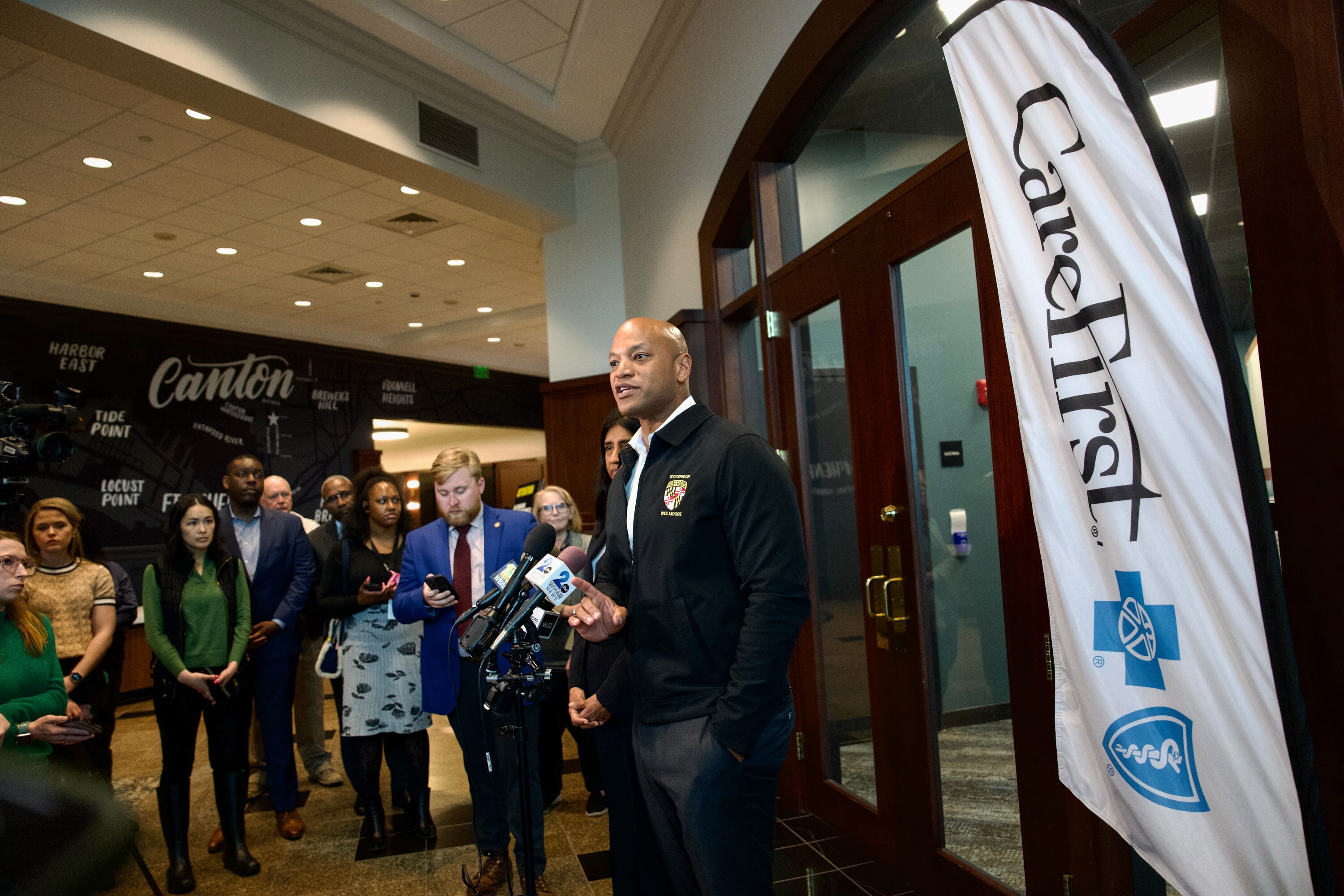 Gov. Wes Moore speaks during a visit to the Small Business Administration’s Business Recovery Center in Baltimore on Tuesday, April 2, 2024.