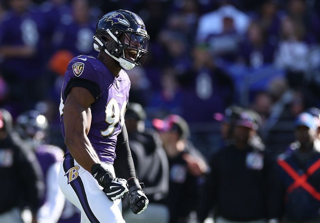 Outside linebacker Odafe Oweh, who has played only three games because of injury, celebrates his first sack of the season last week against the Detroit Lions.
