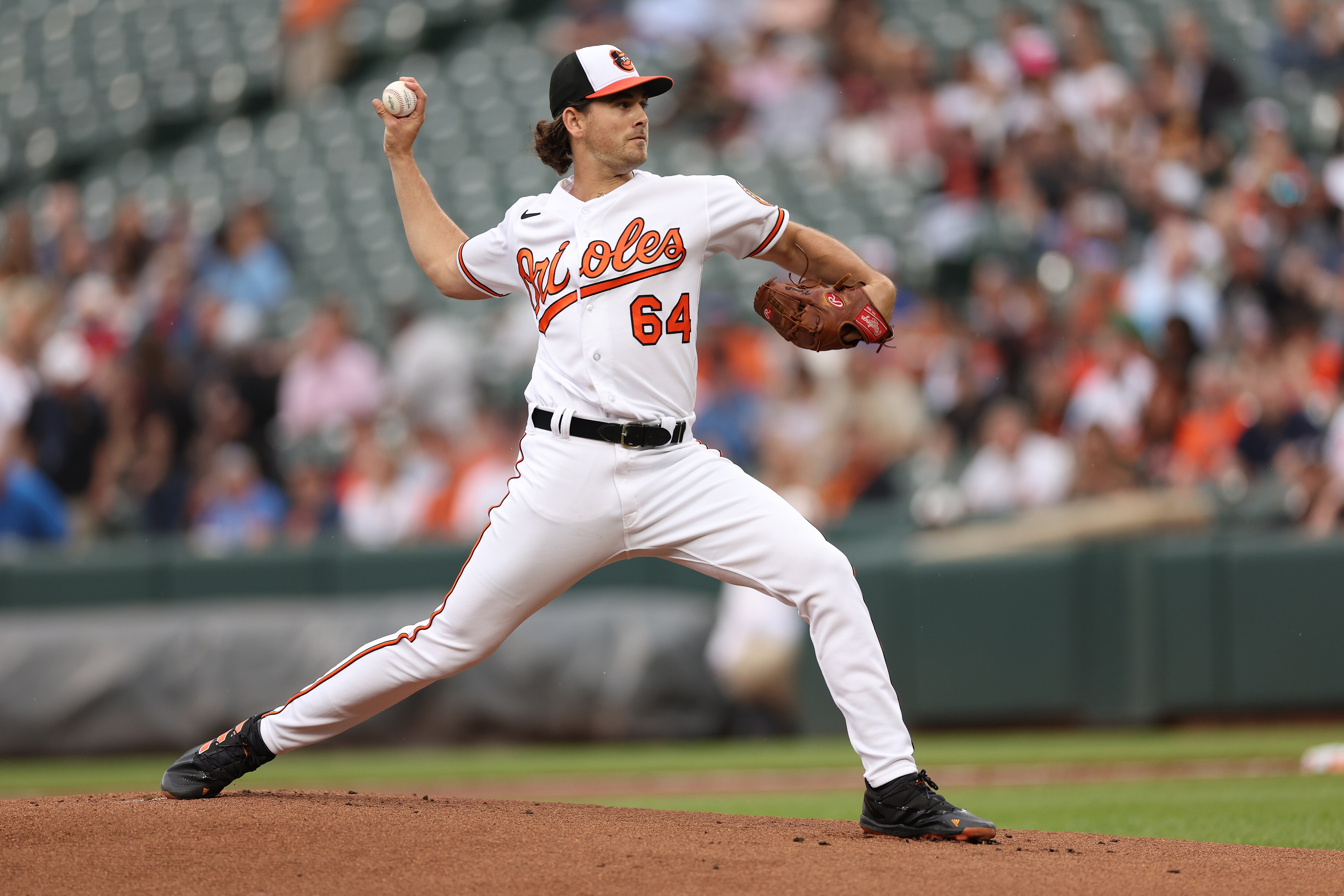 Starting pitcher Dean Kremer #64 of the Baltimore Orioles works the first inning against the Los Angeles Angels at Oriole Park at Camden Yards on May 16, 2023 in Baltimore, Maryland.