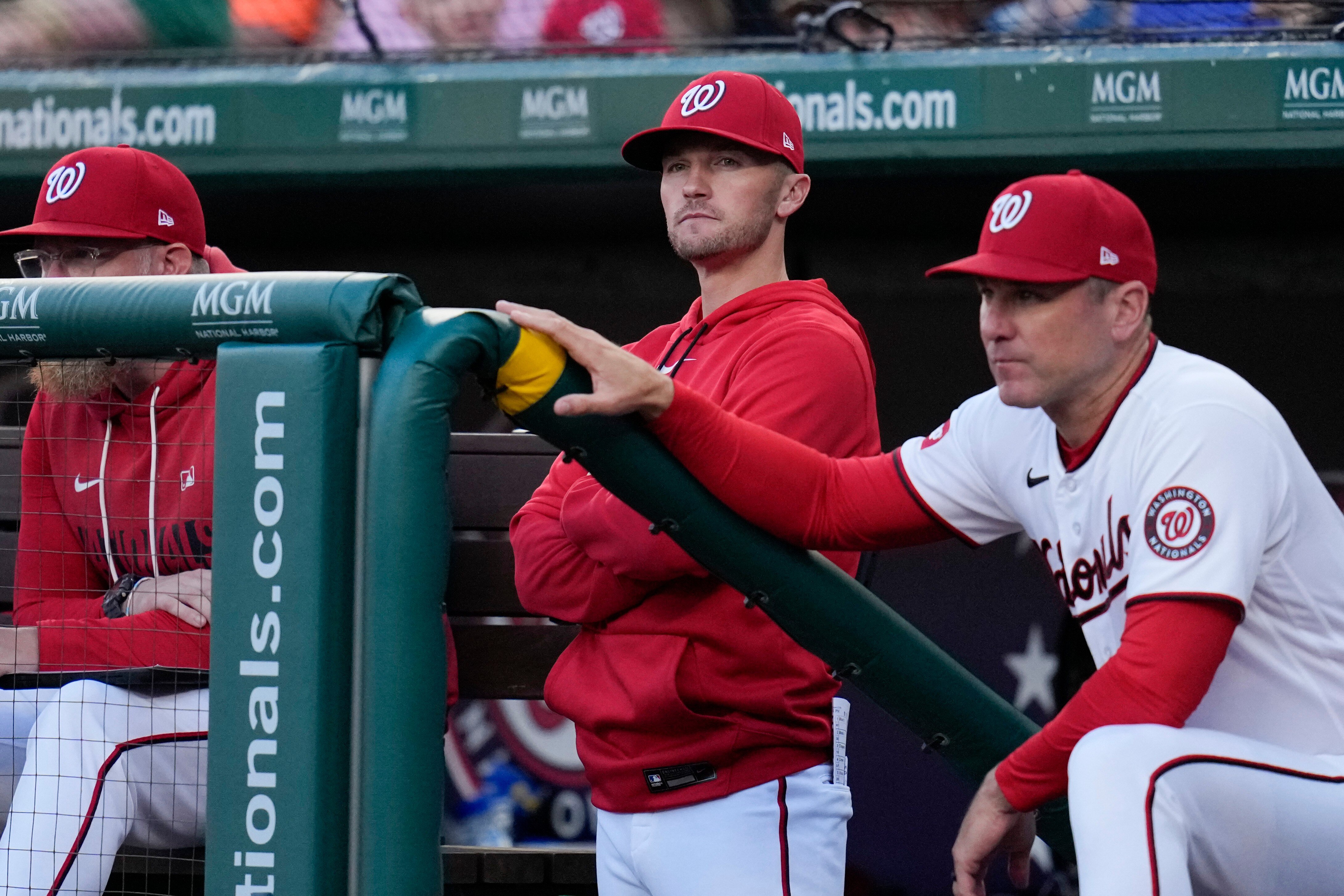 Washington Nationals manager Blake Butera, center, looks on during the third inning of Tuesday's game against the Philadelphia Phillies.