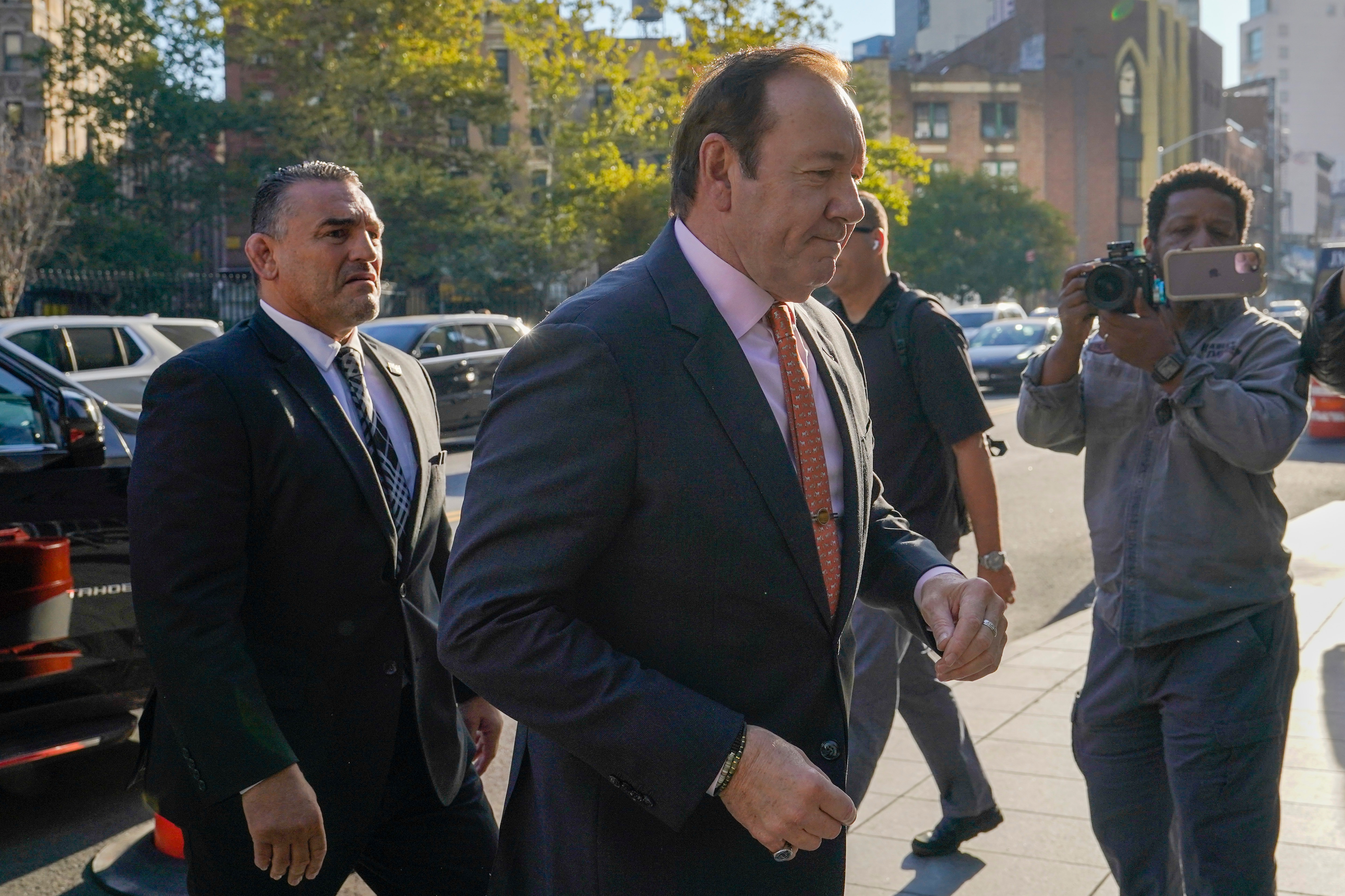 Actor Kevin Spacey arrives at Federal court for his civil lawsuit trial, Wednesday, Oct. 12, 2022, in New York. Spacey is facing a jury in a New York City courtroom during a civil trial accusing him of sexually abusing a 14-year-old actor in the 1980s when he was 26.