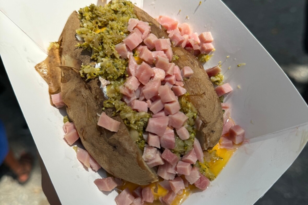 A baked potato with ham, cheddar, broccoli, bacon and sour cream at the Maryland Renaissance Festival.