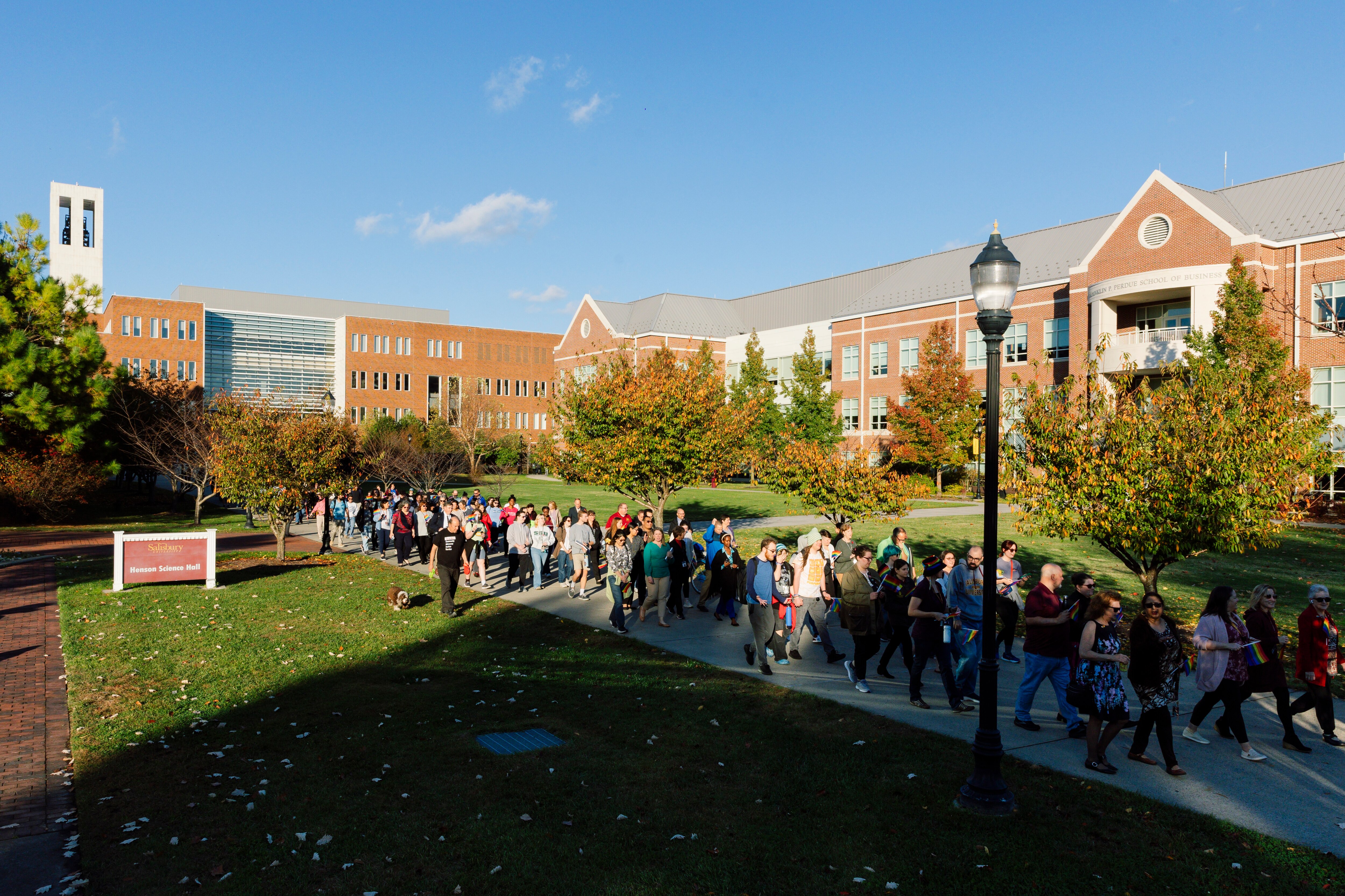Supporters participate in a march organized by Salisbury University LGBTQ groups, almost a month after an alleged hate crime took place on campus, at Salisbury University on Monday, Nov. 11, 2024 in Salisbury, MD.