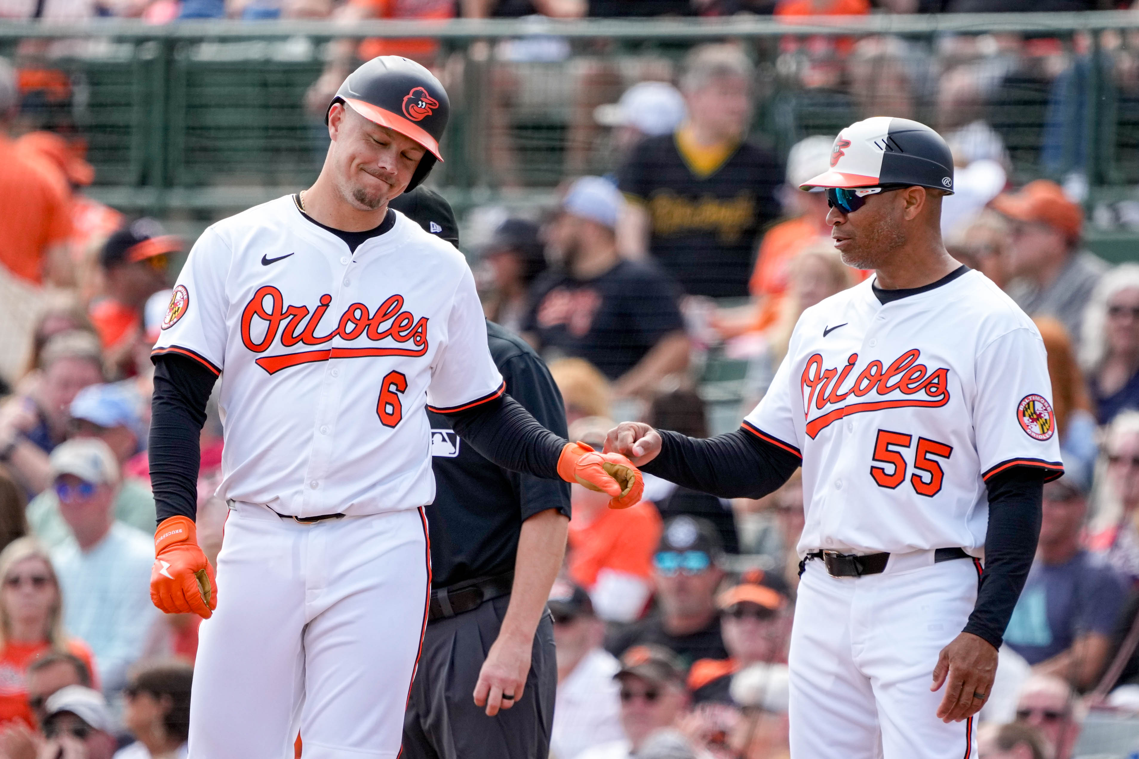 Orioles first baseman Ryan Mountcastle, left, could benefit more than any other hitter from the new dimensions at Camden Yards.