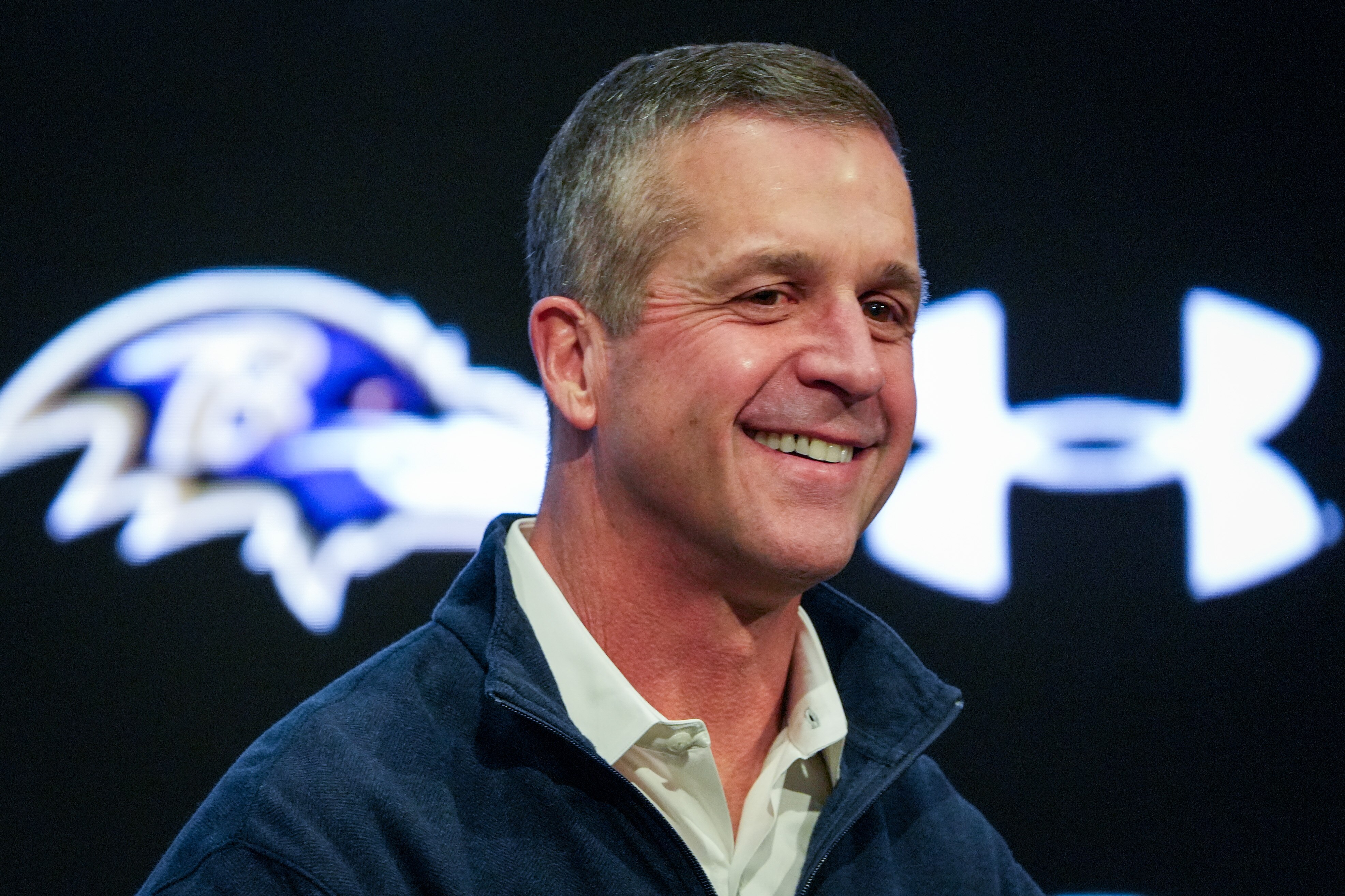 Baltimore Ravens head coach John Harbaugh takes questions from reporters during the team’s end of year news conference at the Under Armour Performance Center in Owings Mills on Feb. 2, 2024.