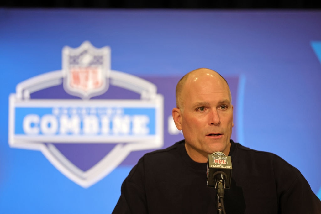 INDIANAPOLIS, INDIANA - FEBRUARY 27: General manager Eric DeCosta of the Baltimore Ravens speaks to the media during the NFL Combine at the Indiana Convention Center on February 27, 2024 in Indianapolis, Indiana.