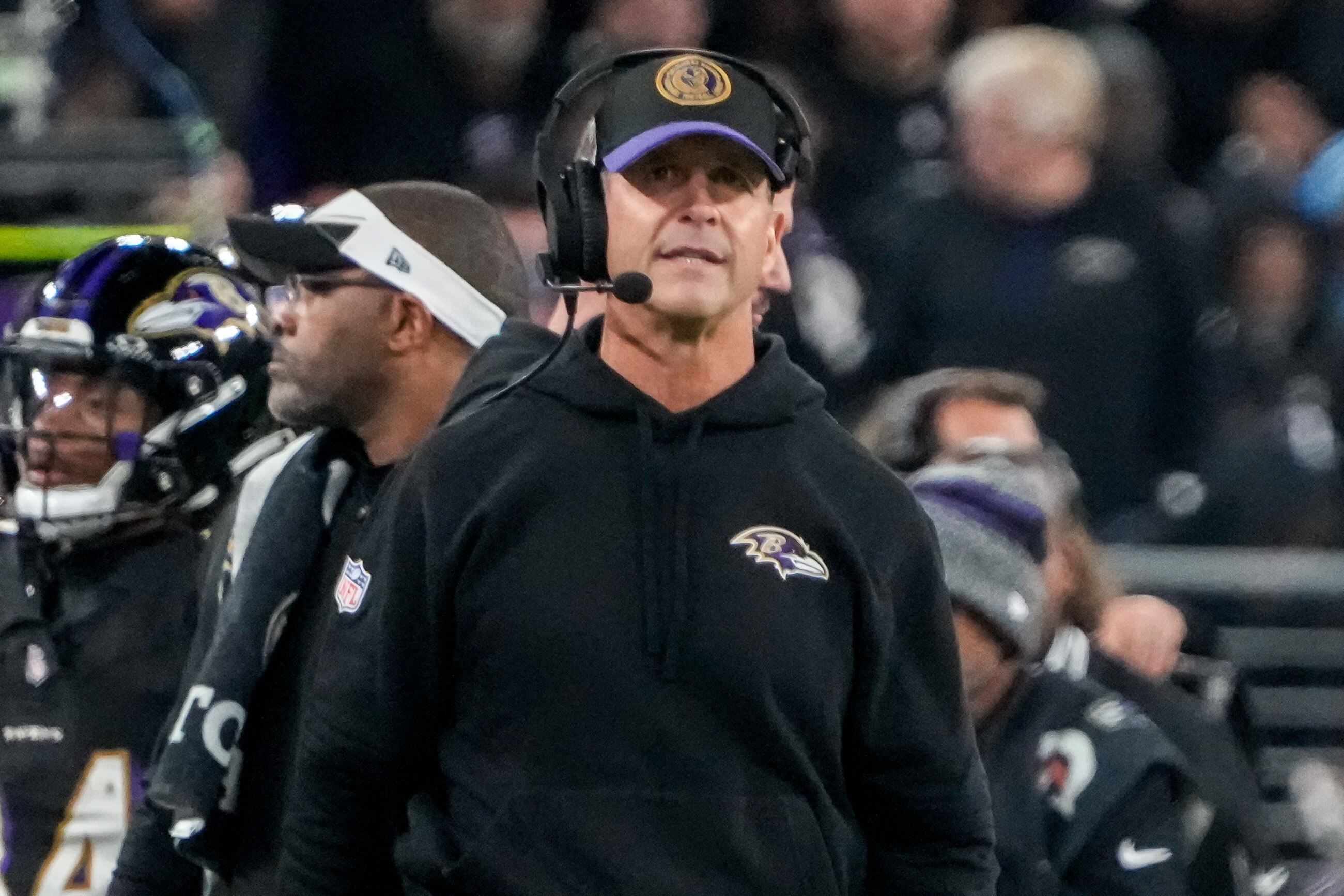 Baltimore Ravens coach John Harbaugh on the sidelines during the team’s game against the Cincinnati Bengals on Thursday, Nov. 16, 2023.