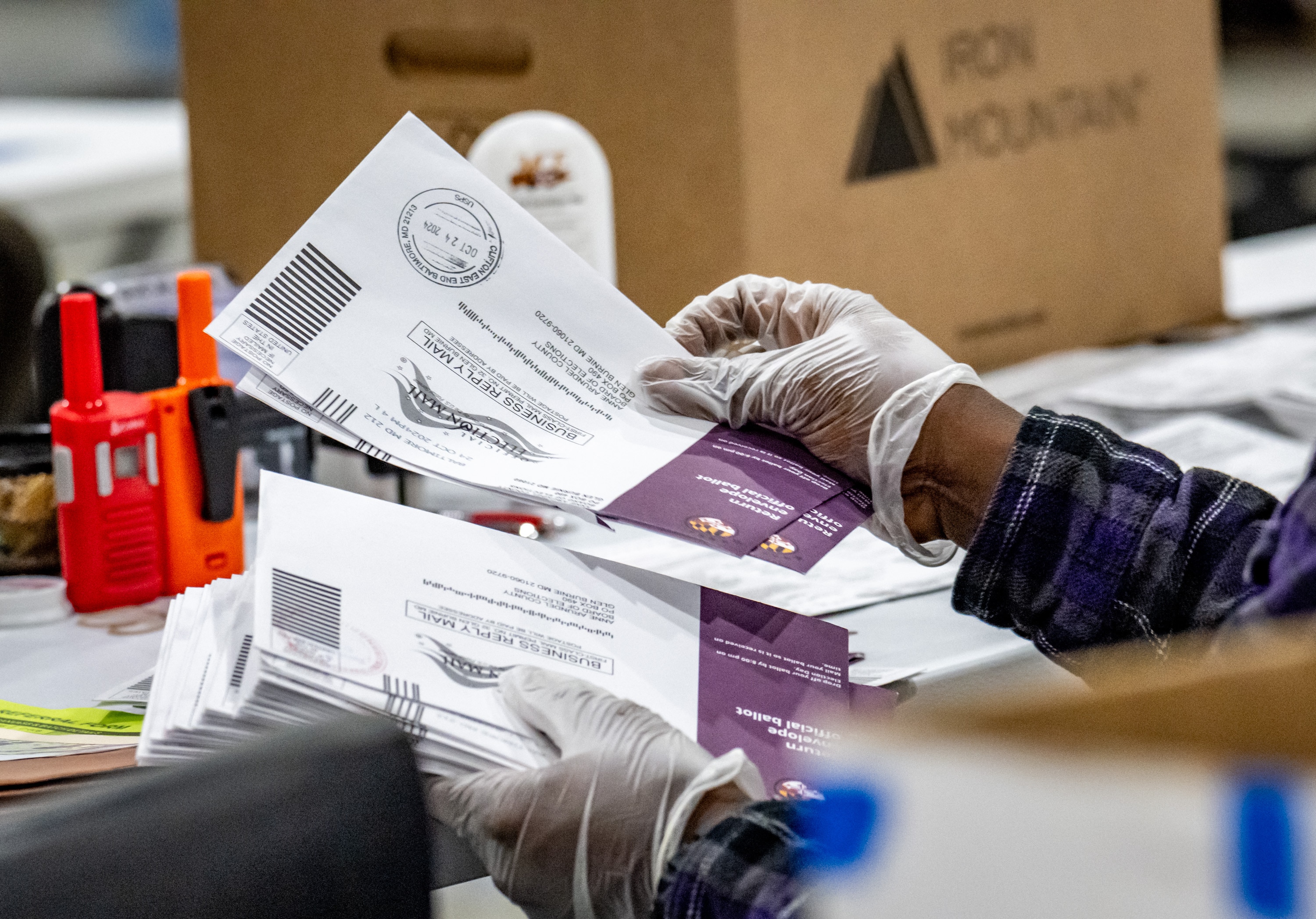 Mail-in ballots are sorted for counting during canvassing at the Anne Arundel County Board of Elections.