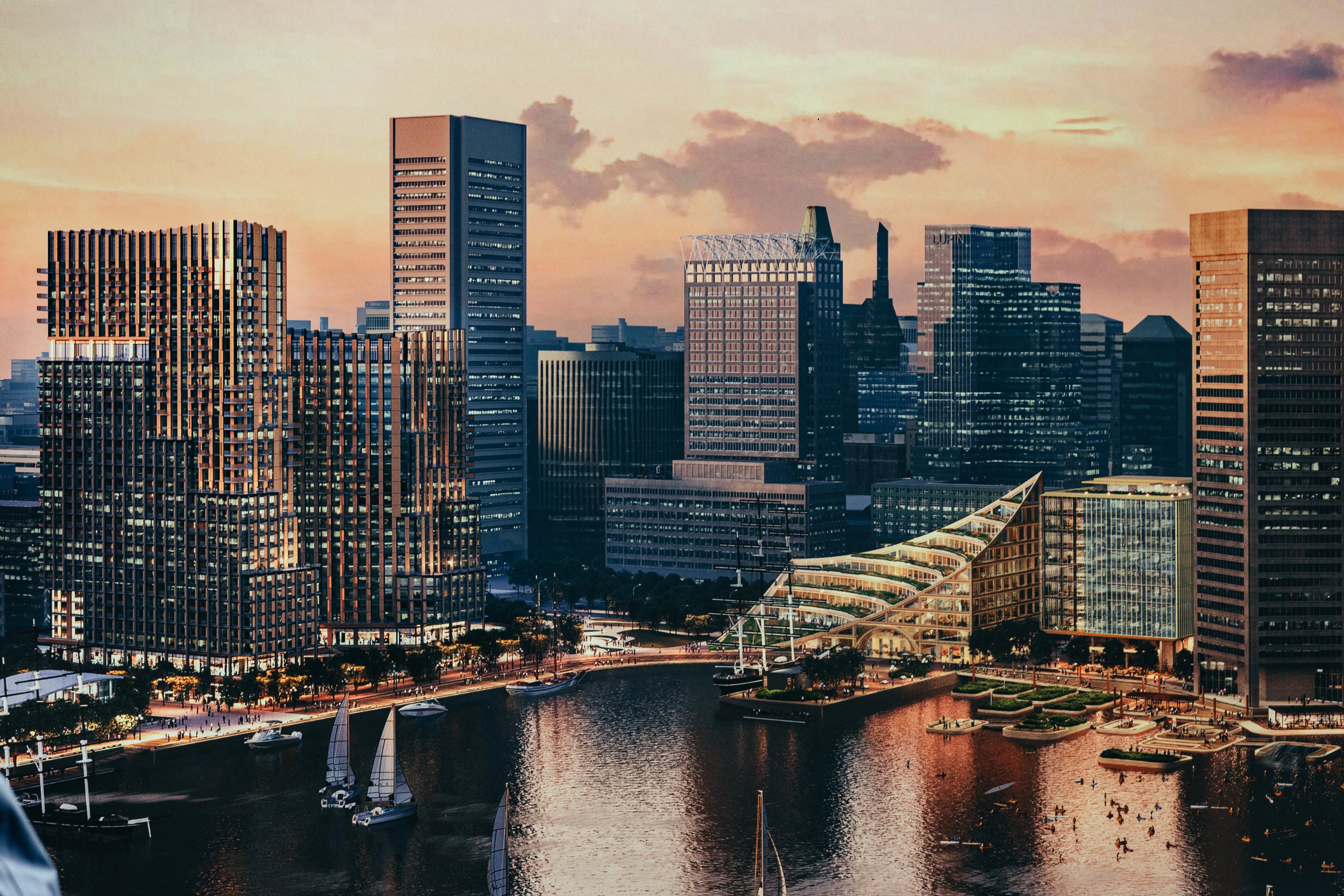 An illustration of design plans for the upcoming Harborplace development is revealed at a press conference held by MCB Real Estate, at the Light Street pavilion on Monday, Oct. 30, 2023 in Baltimore, MD.
