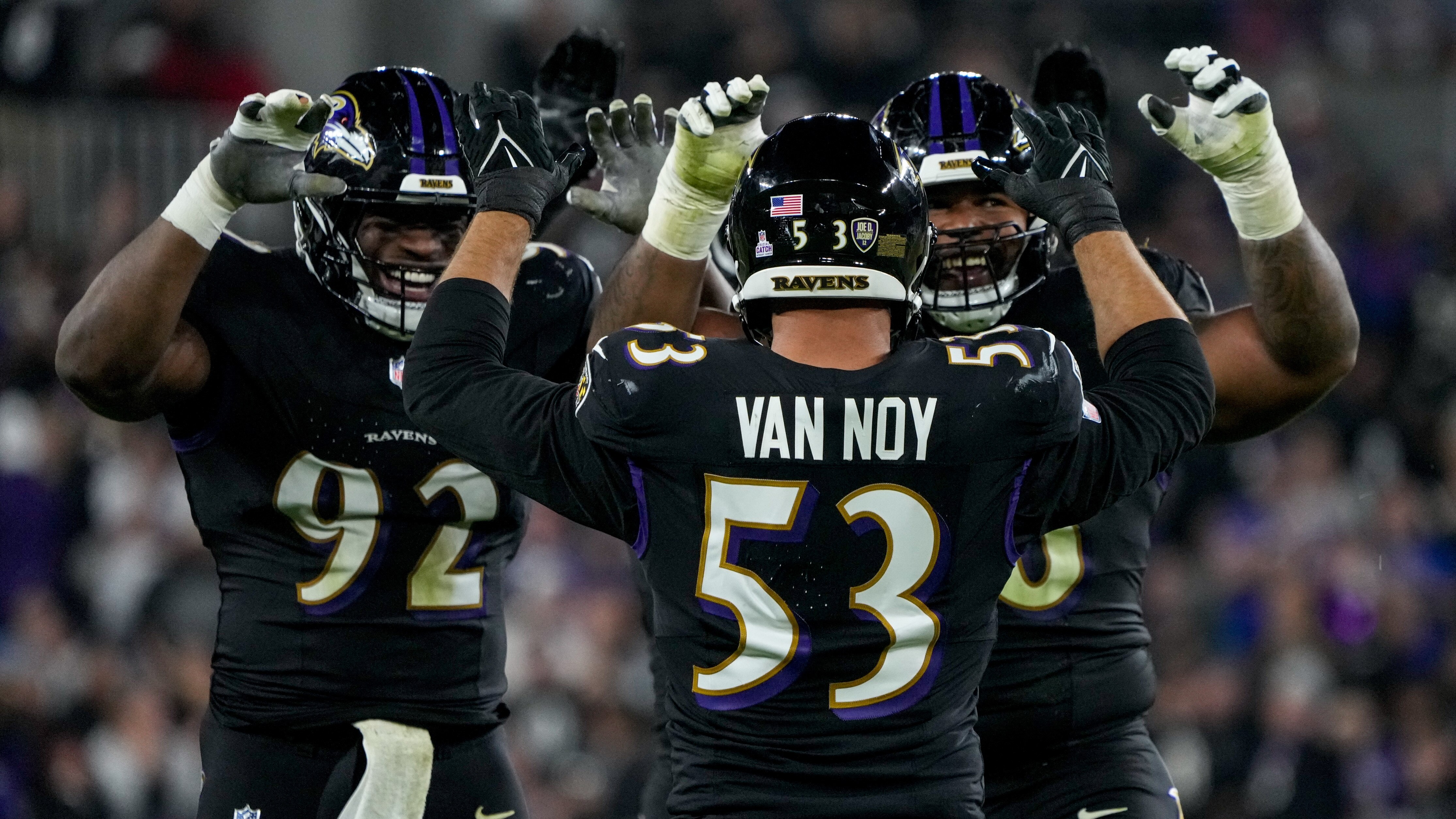 Baltimore Ravens linebacker Kyle Van Noy (53) celebrates with teammates after sacking Buffalo Bills quarterback Josh Allen in a game at M&T Bank Stadium in Baltimore on Sunday, September 29, 2024.