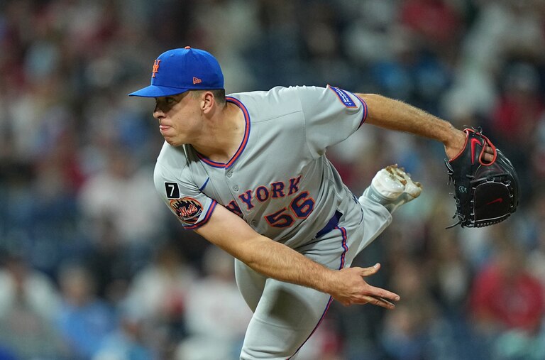 New York Mets pitcher Ryan Helsley during the eighth inning of a baseball game, Wednesday, Sept. 10, 2025, in Philadelphia. (AP Photo/Matt Rourke)
