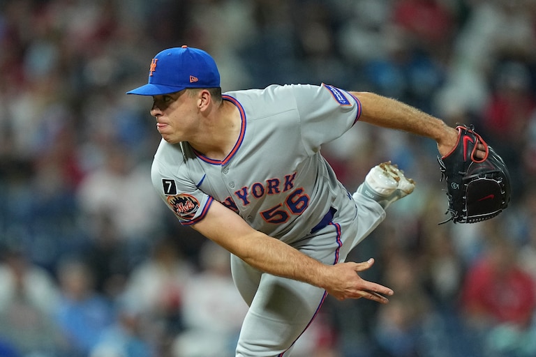New York Mets pitcher Ryan Helsley during the eighth inning of a baseball game, Wednesday, Sept. 10, 2025, in Philadelphia. (AP Photo/Matt Rourke)