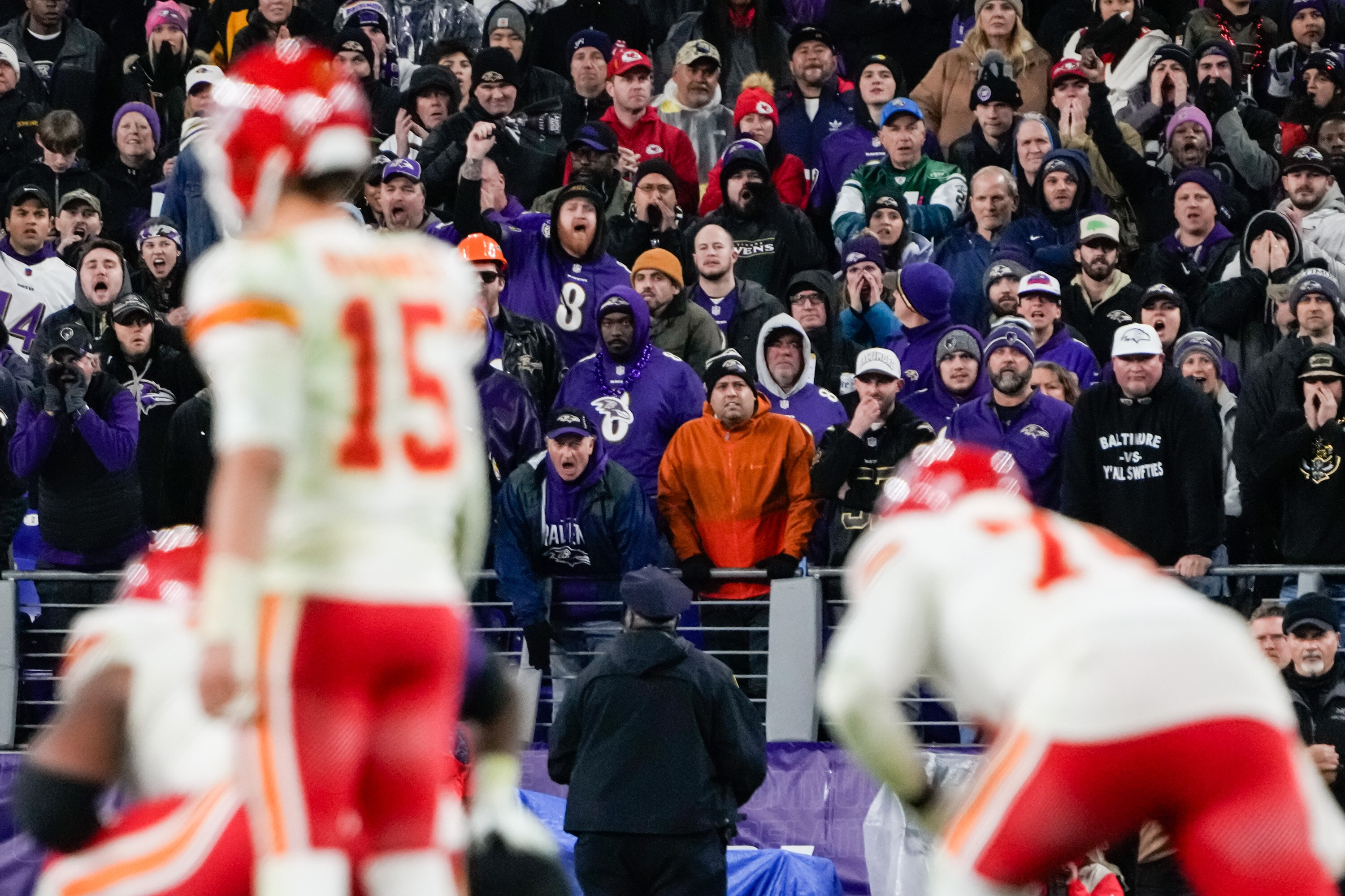 Ravens fans cheer during the AFC championship game between Baltimore and Kansas City at M&T Bank Stadium.