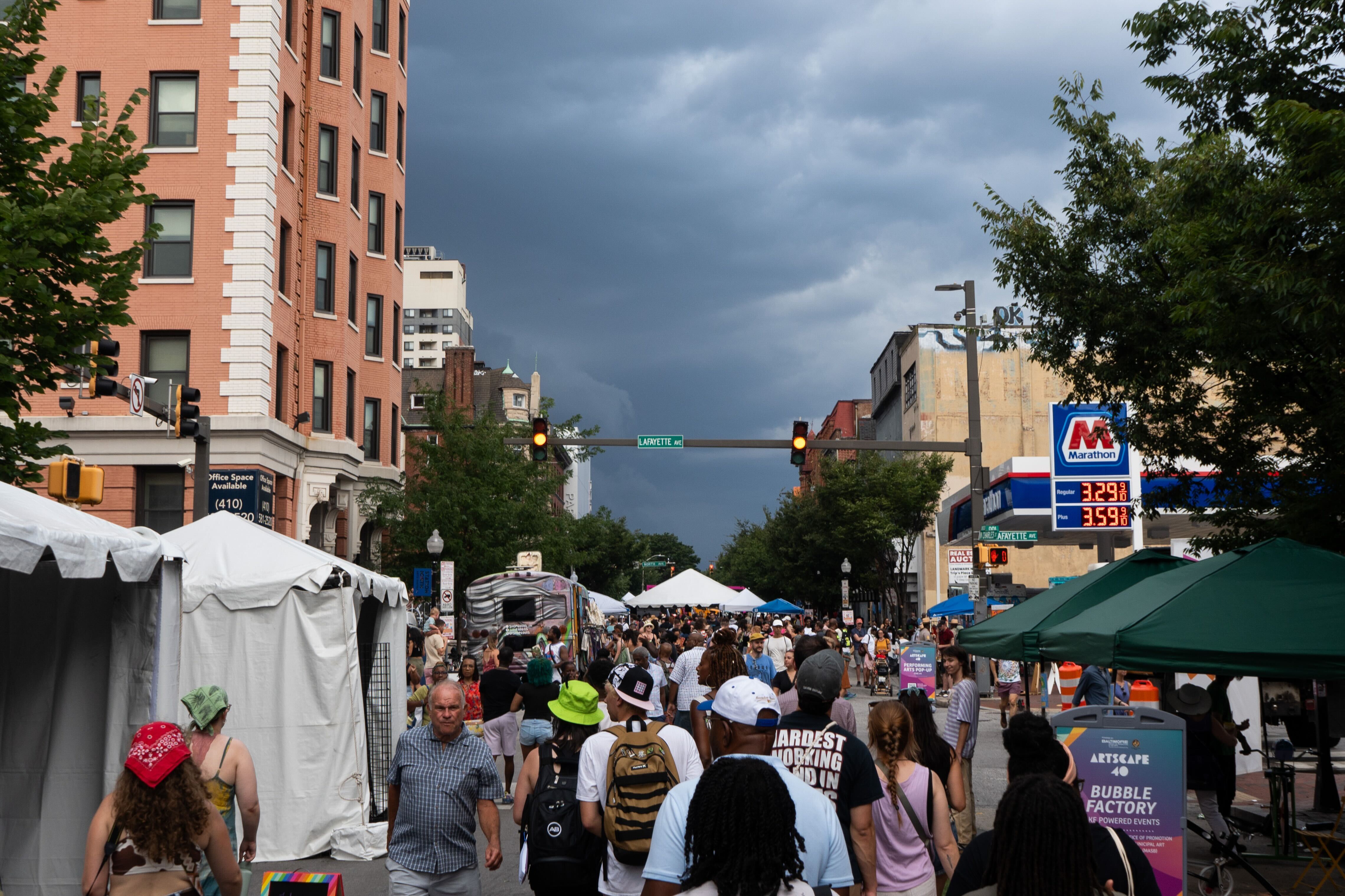 Storm clouds fill the sky just before rain hits Artscape, Saturday, Aug. 3, 2024. Thunderstorms washed out concerts scheduled for Friday also.