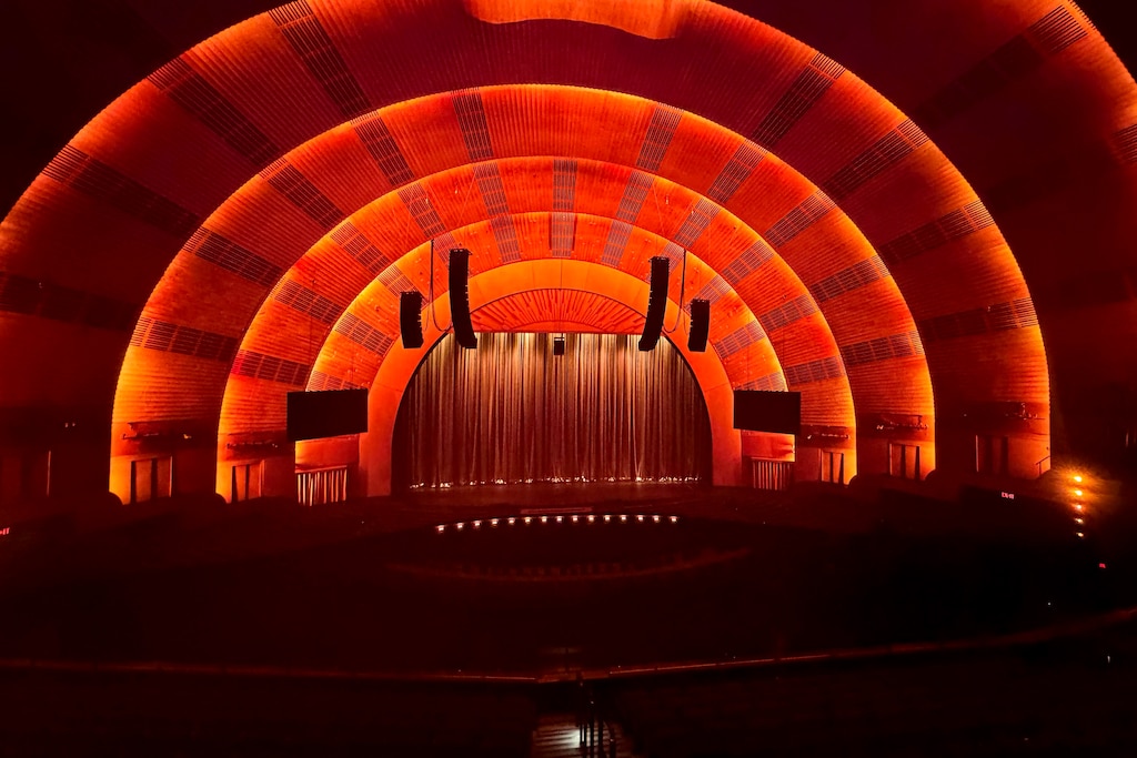 The stage glows red ahead of a screening of "The Wizard of Oz" at The Sphere in Las Vegas.