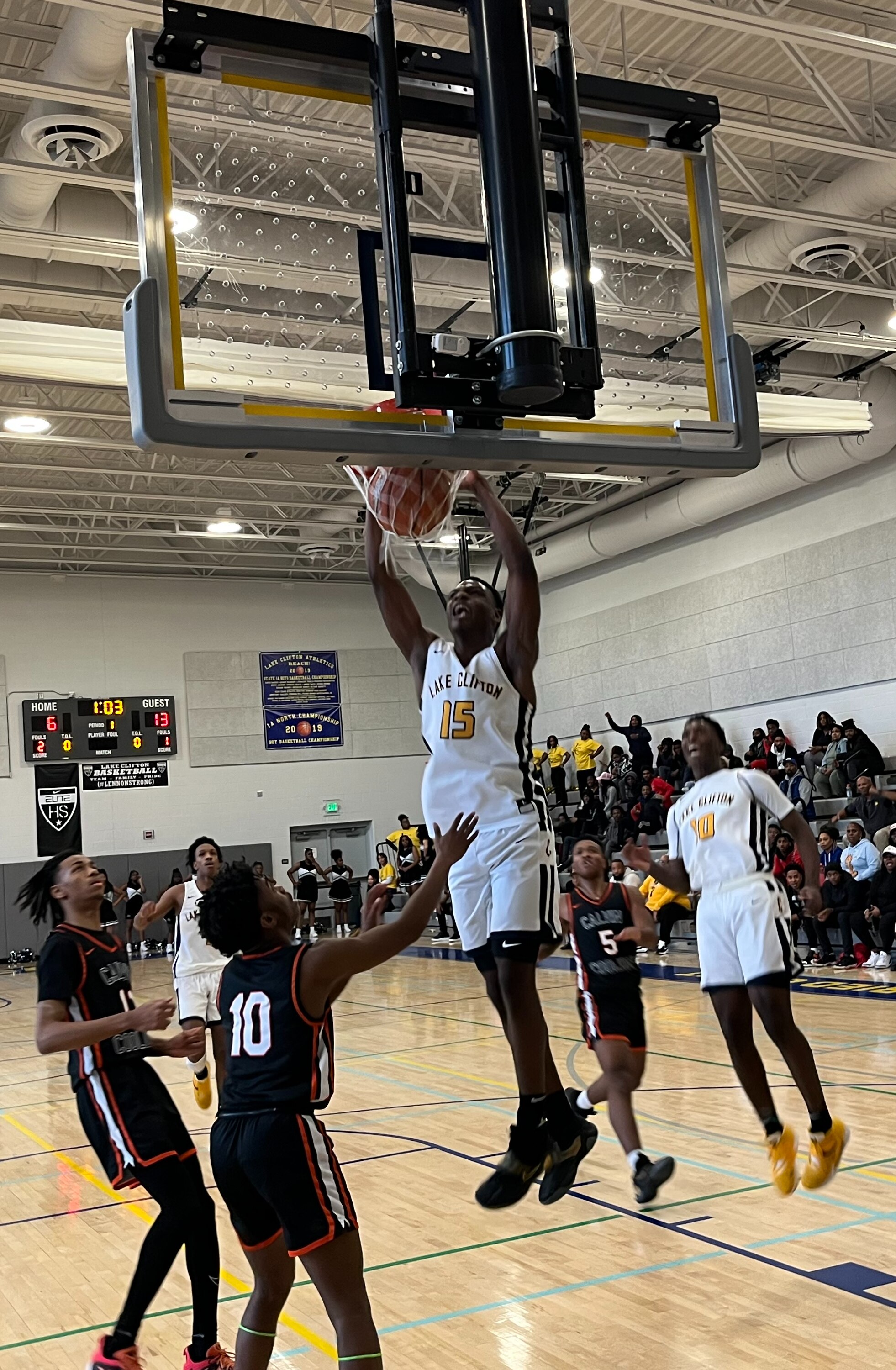 Kristopher Mitchell slams home two of his 15 points for Lake Clifton Saturday afternoon. The No. 6 Lakers rallied in the fourth quarter before falling to Coolidge (D.C.) at the D.C./Baltimore Basketball Classic mixer at Lake Clifton