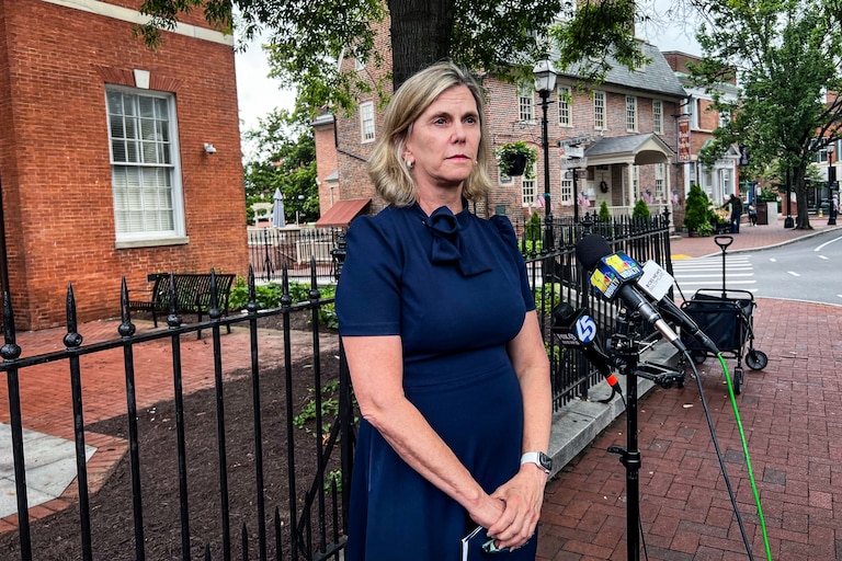 Anne Arundel County State’s Attorney Anne Colt Leitess holds a news conference on Tuesday, June 17, 2025, outside the Anne Arundel County Courthouse after a jury found Severna Park Elementary School teacher Matthew Schlegel not guilty of 18 out of 21 charges against him. Jurors deadlocked on three counts of second-degree assault.