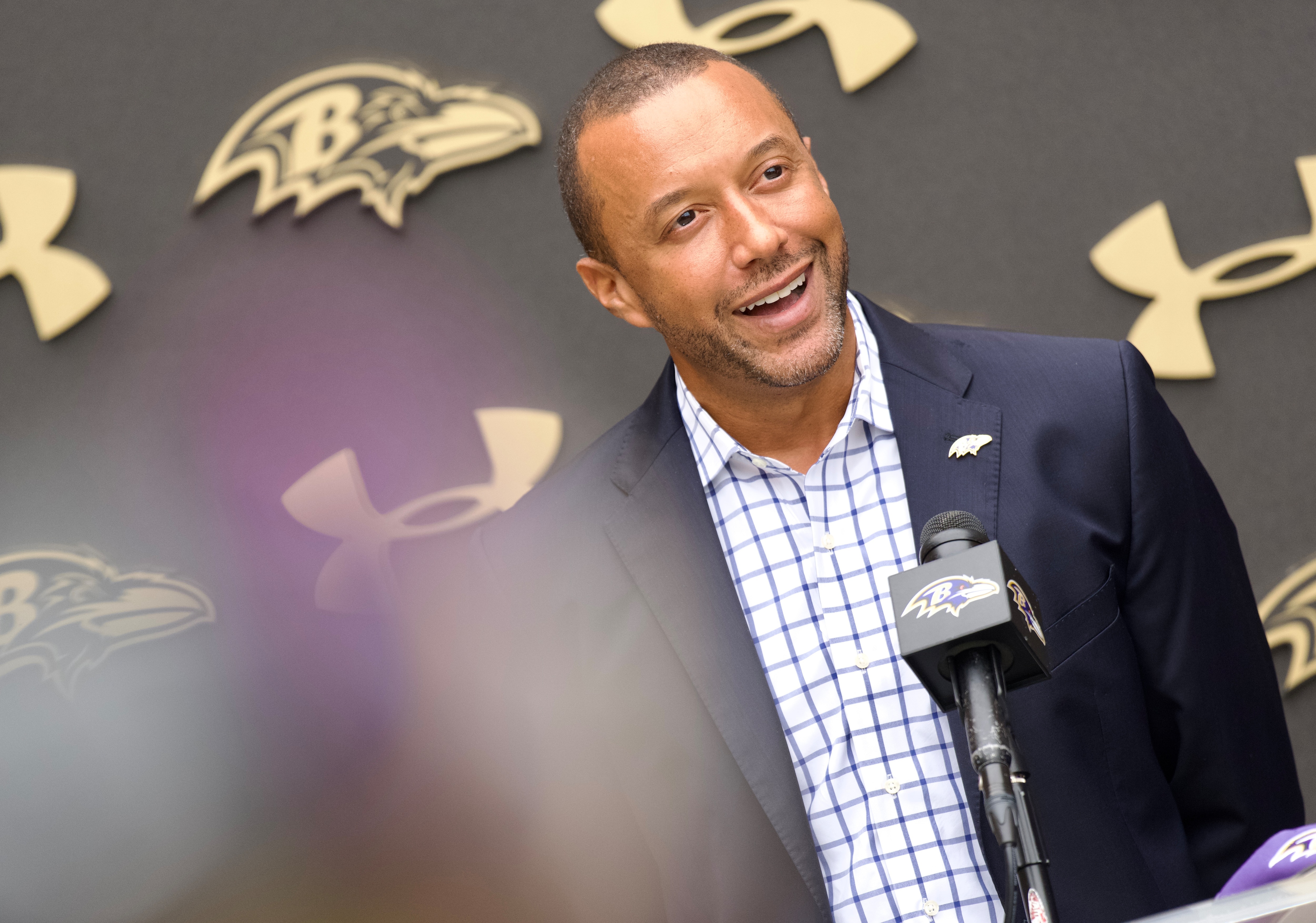 July 28, 2026 - Baltimore Ravens President Sashi Brown speaks at a press conference announcing news regarding the Baltimore Ravens and their presence in Baltimore County at the Owings Mills training center.