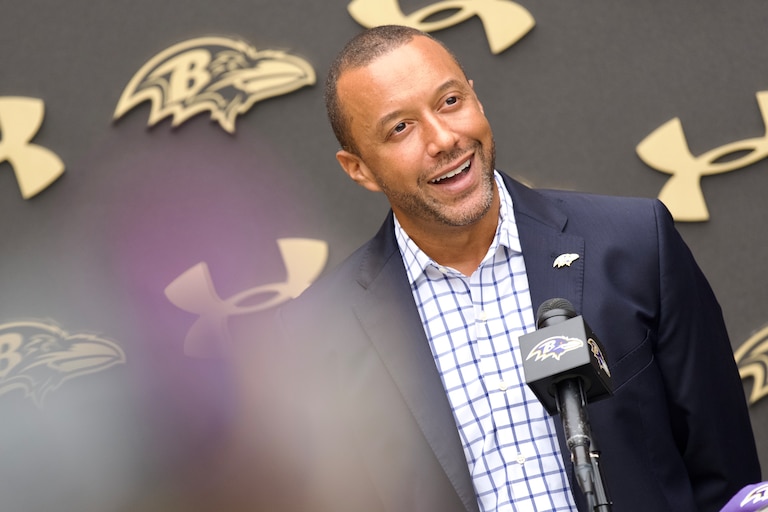 July 28, 2026 - Baltimore Ravens President Sashi Brown speaks at a press conference announcing news regarding the Baltimore Ravens and their presence in Baltimore County at the Owings Mills training center.