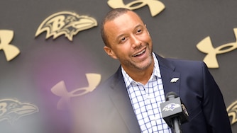 July 28, 2026 - Baltimore Ravens President Sashi Brown speaks at a press conference announcing news regarding the Baltimore Ravens and their presence in Baltimore County at the Owings Mills training center.