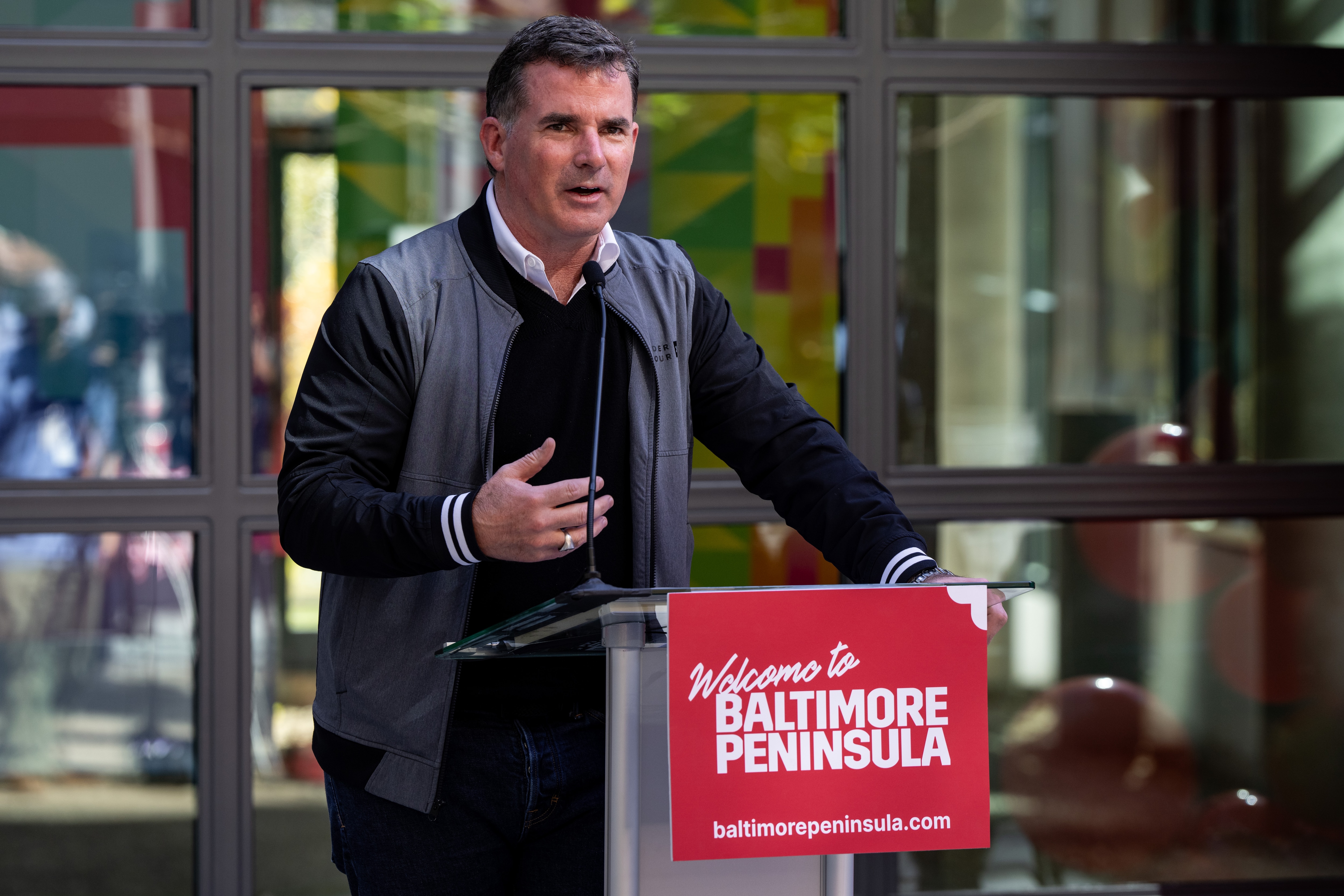 Kevin Plank, founder and executive chairman of Under Armour, speaks during a press conference at Baltimore Peninsula on Thursday, Oct. 26, 2023.