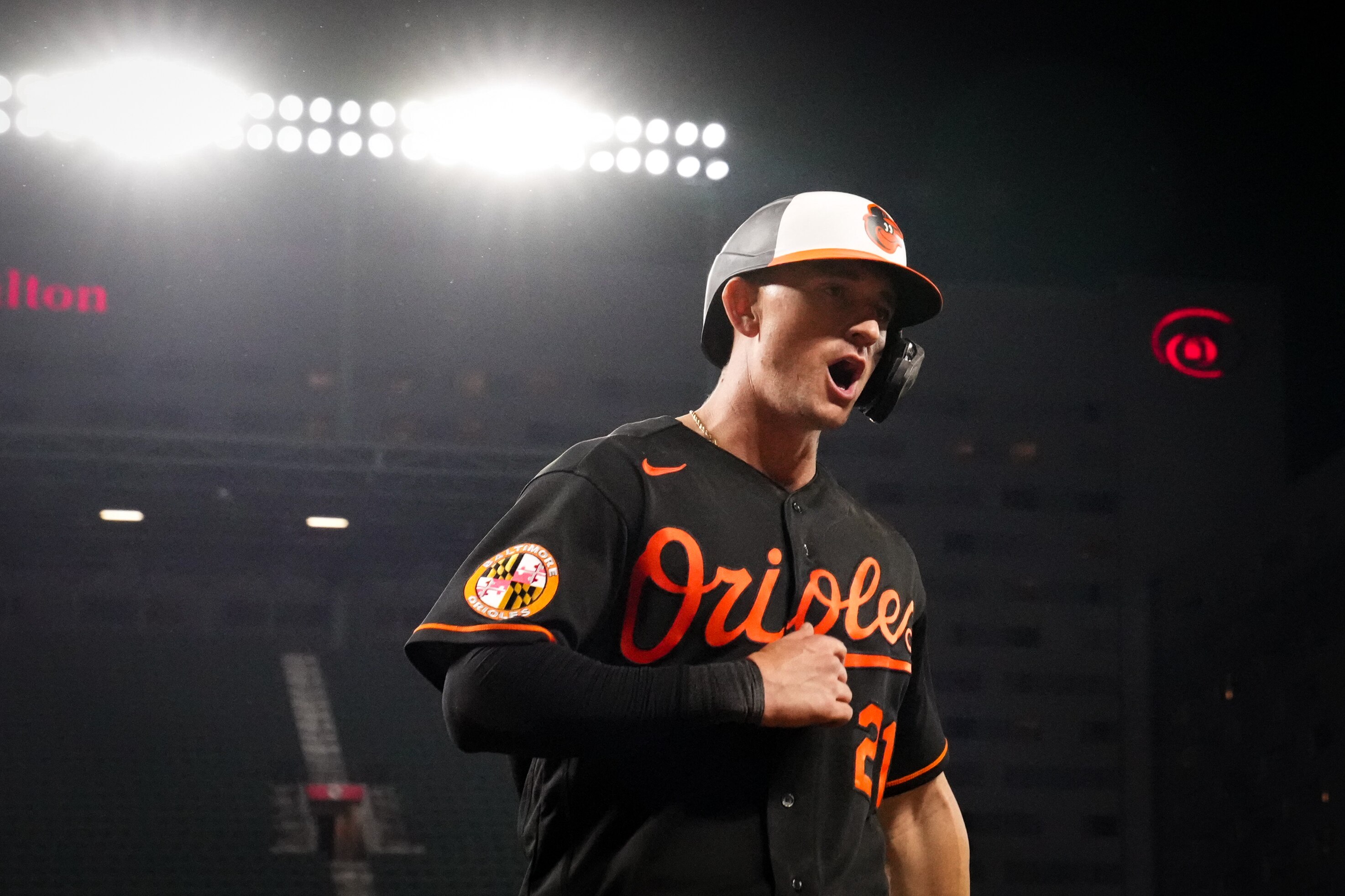Baltimore Orioles outfielder Austin Hays (21) pounds his chest after homering in a baseball game against the Detroit Tigers at Camden Yards on Friday, April 21. The Orioles beat the Tigers, 2-1, on their way to sweeping the series.