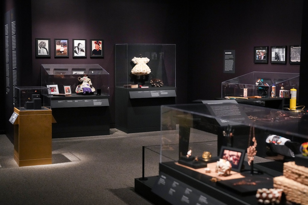 Jewelry and artwork on display during a preview of the “Jewelry of the Afrofuture” exhibit at the Walters Art Museum in Baltimore, Md. on Wednesday, April 15, 2026.