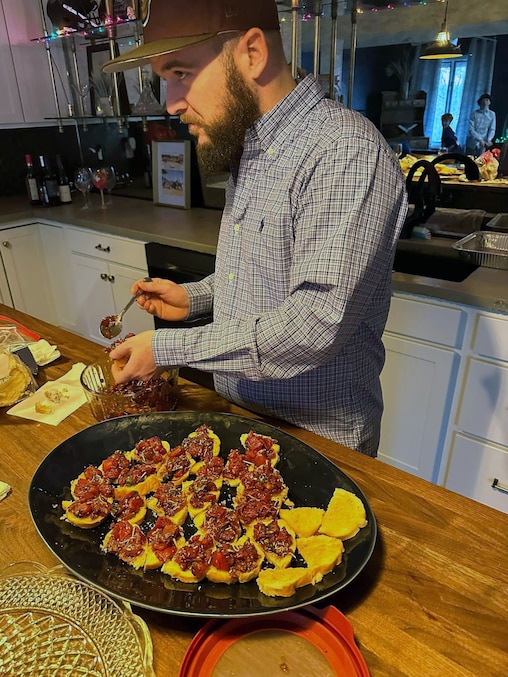 Jimmy Nugent with famous crab bruschetta from Christmas 2024.