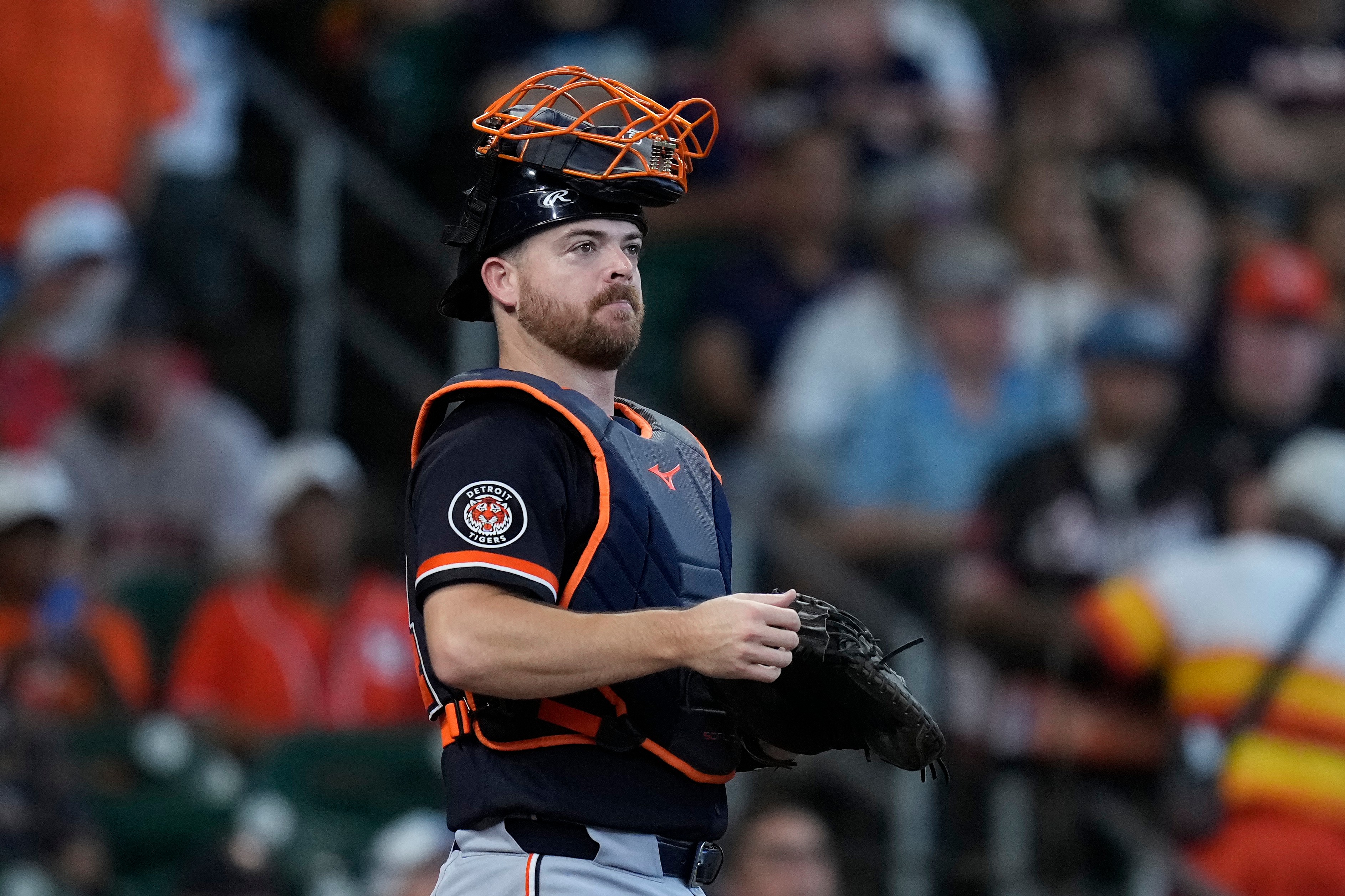 Detroit Tigers catcher Jake Rogers looks on during the sixth inning of a game against the Houston Astros on June 17.