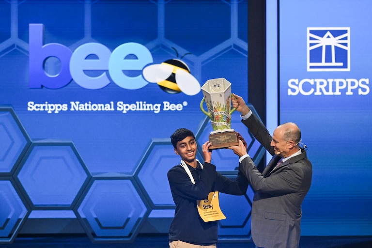Washington, DC - May 28: Speller 29, Shrey Parikh of San Bernardino, California, representing Day Creek Intermediate School, wins the 2026 Scripps National Spelling Bee in Washington, DC on Thursday, May 28, 2026. Photo: Hannah Foslien/Scripps National Spelling Bee
