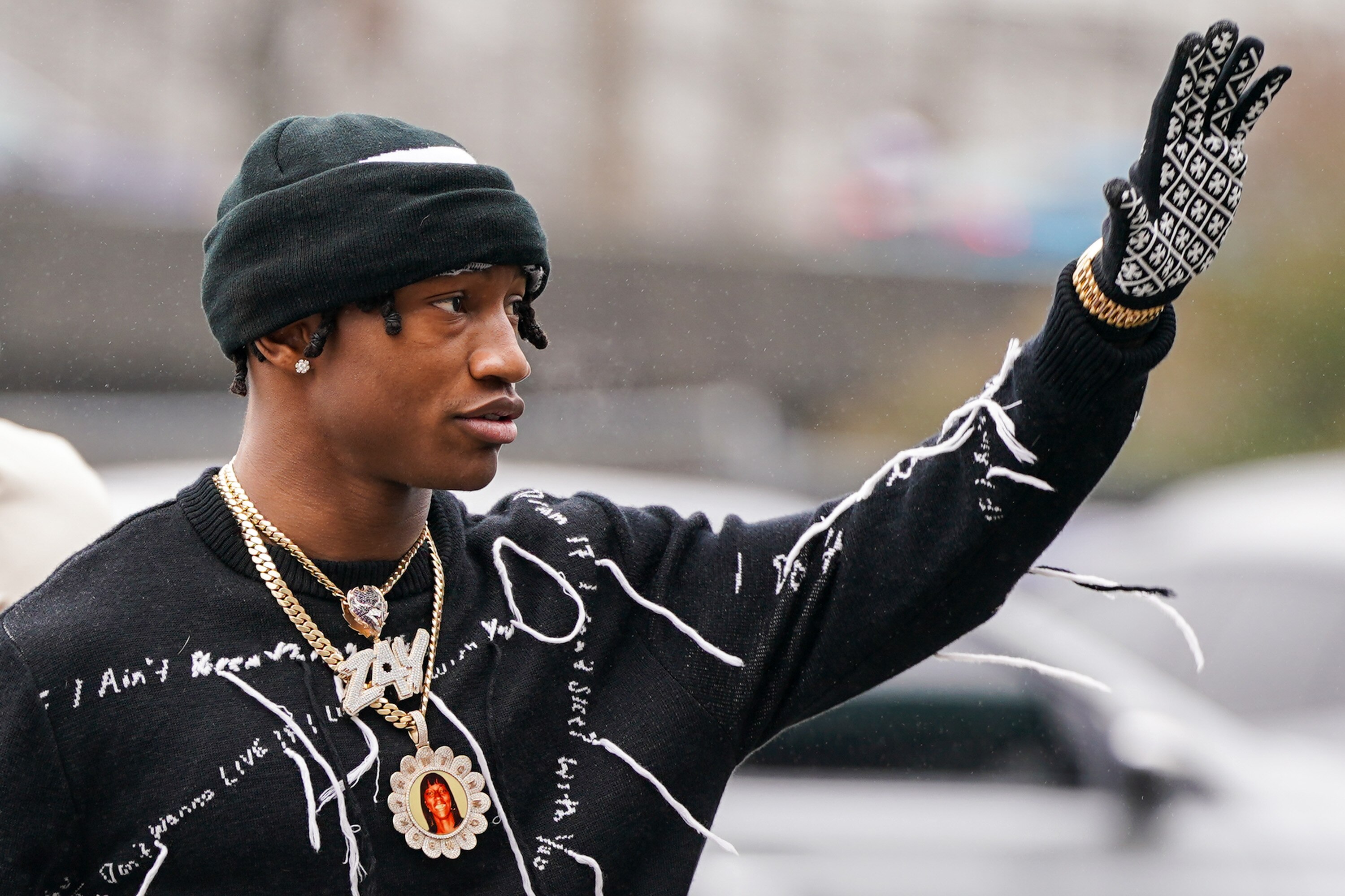 Baltimore Ravens wide receiver Zay Flowers arrives at M&T Bank Stadium for the AFC Championship game against the Kansas City Chiefs on Sunday, Jan. 28, 2024.