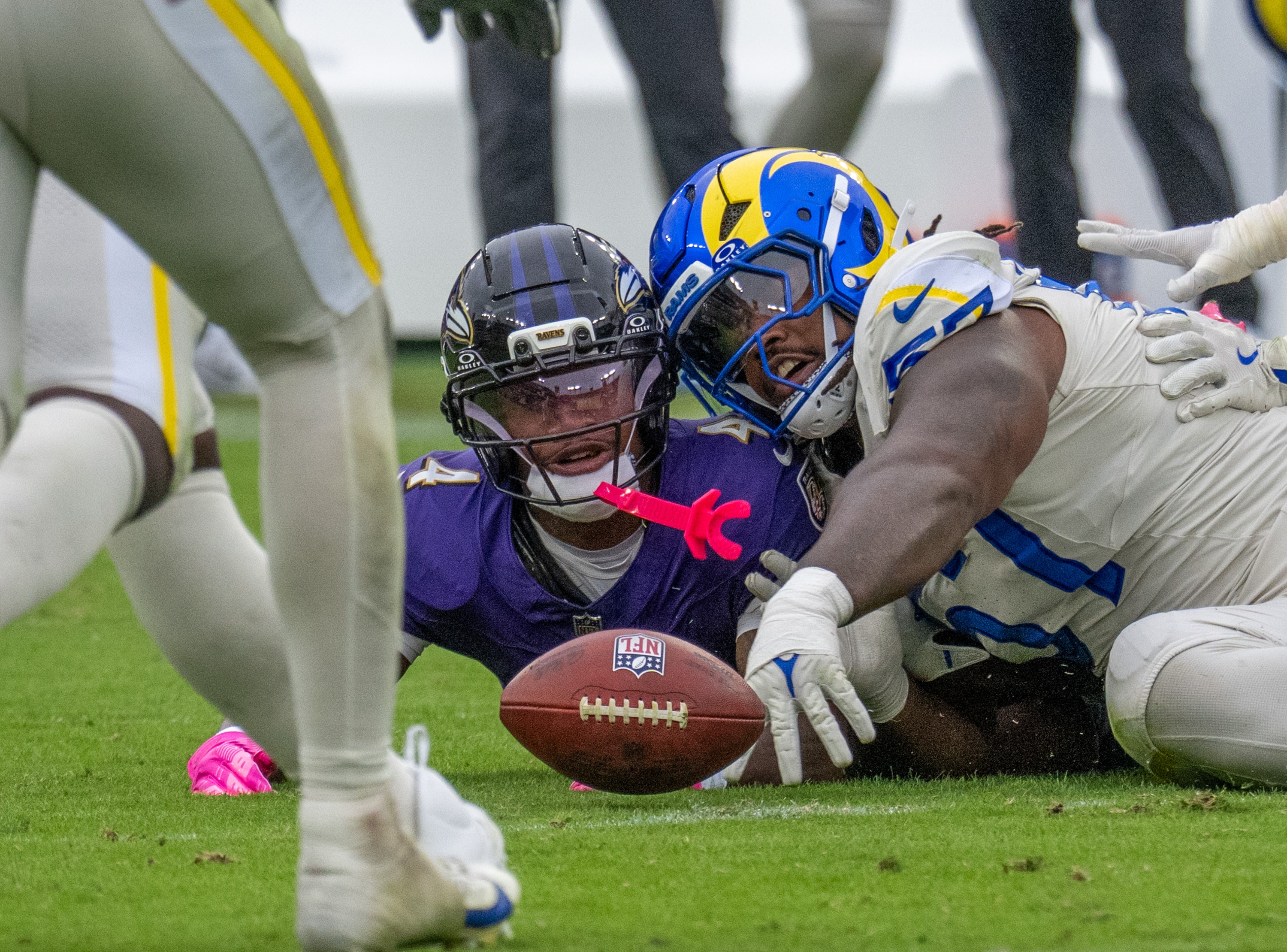 Ravens wide receiver Zay Flowers watches as his fumble rolls away to be recovered by the Rams in the third quarter.