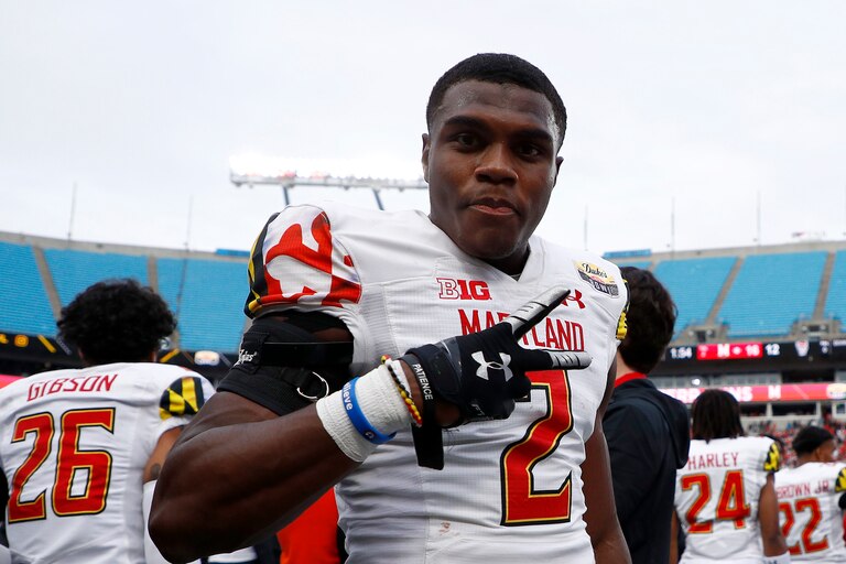 CHARLOTTE, NORTH CAROLINA - DECEMBER 30: Jakorian Bennett #2 of the Maryland Terrapins reacts after intercepting a pass during the final seconds of the fourth quarter of the Duke's Mayo Bowl against the North Carolina State Wolfpack at Bank of America Stadium on December 30, 2022 in Charlotte, North Carolina.