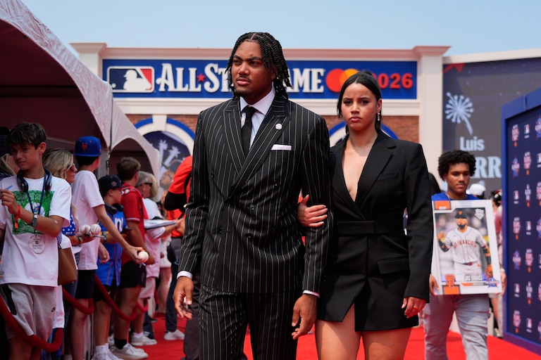 Washington Nationals' James Wood walks on the red carpet for the MLB baseball All-Star Game on Tuesday.