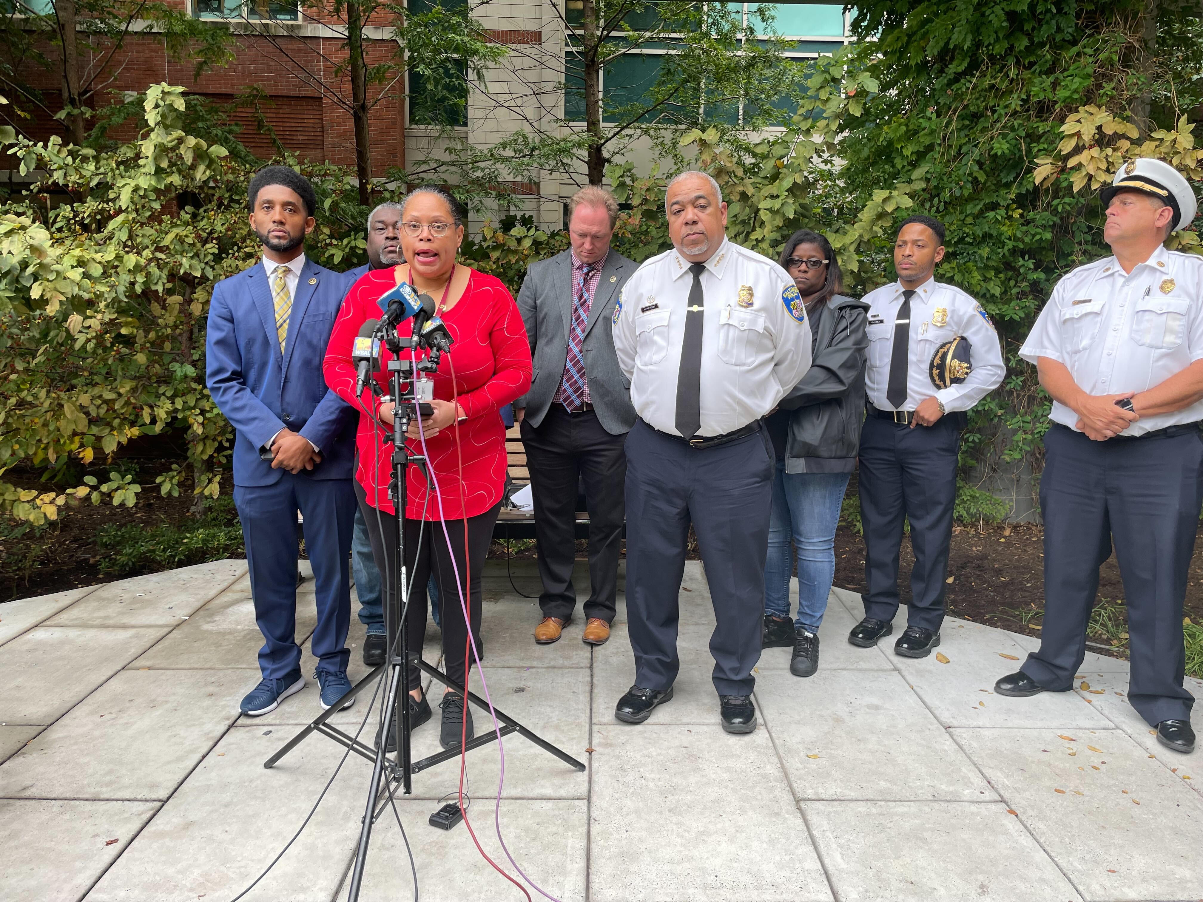 Mayor Brandon Scott, Police Commissioner Michael Harrison and other officials provide an update on a crossing guard who was struck.